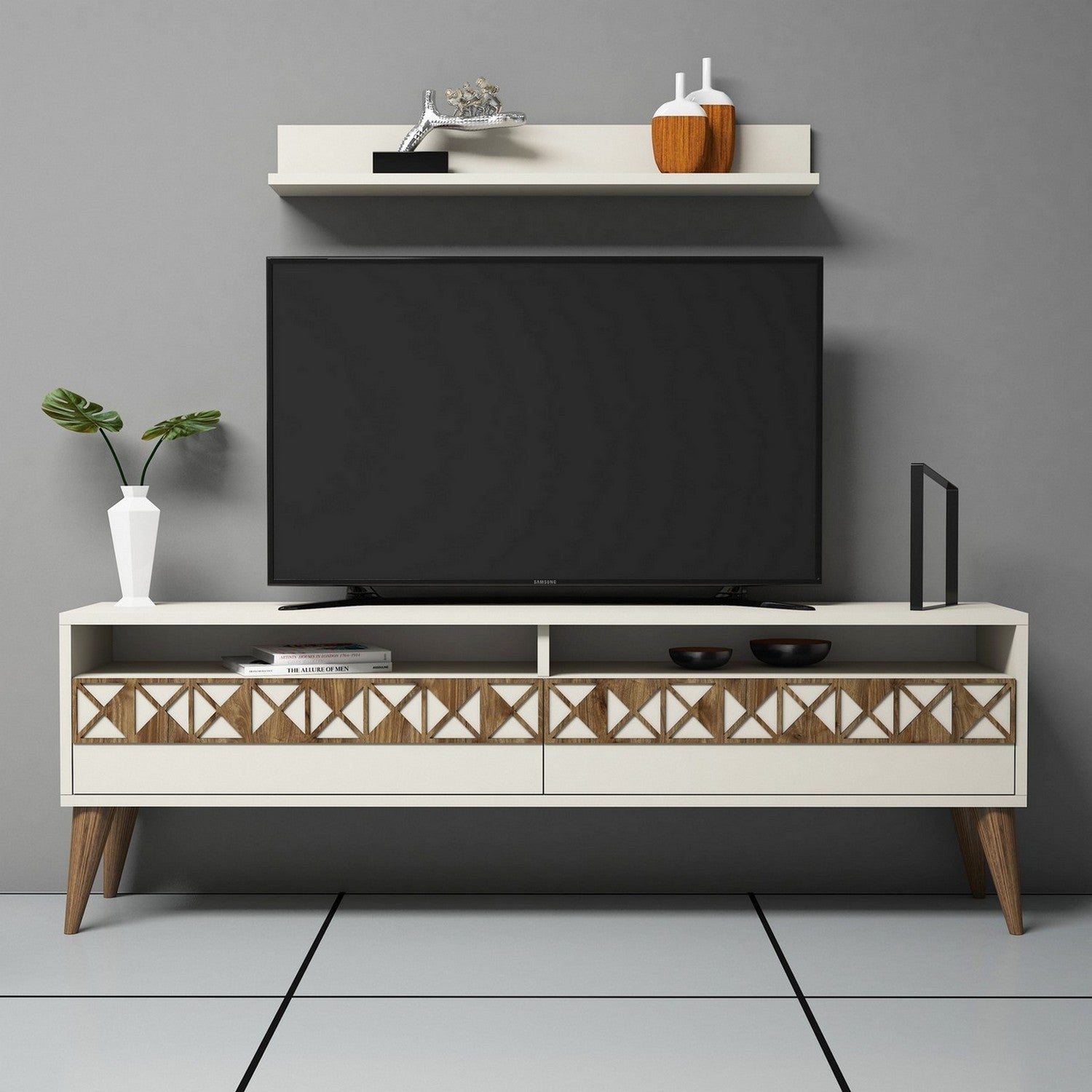 Móvel de TV moderno em creme com prateleira de parede, 150 cm de largura, 100% revestido em melamina, 18 mm de espessura | Design elegante e funcional para salas de estar e espaços de entretenimento