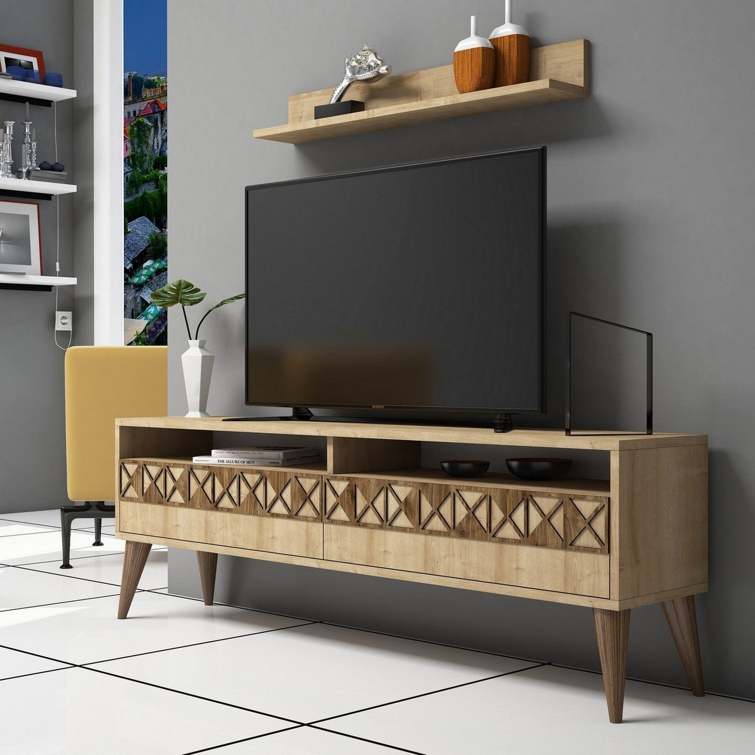Móvel de TV moderno em carvalho com prateleira de parede, 150 cm de largura, 100% revestido em melamina, 18 mm de espessura | Design elegante e funcional para salas de estar e espaços de entretenimento