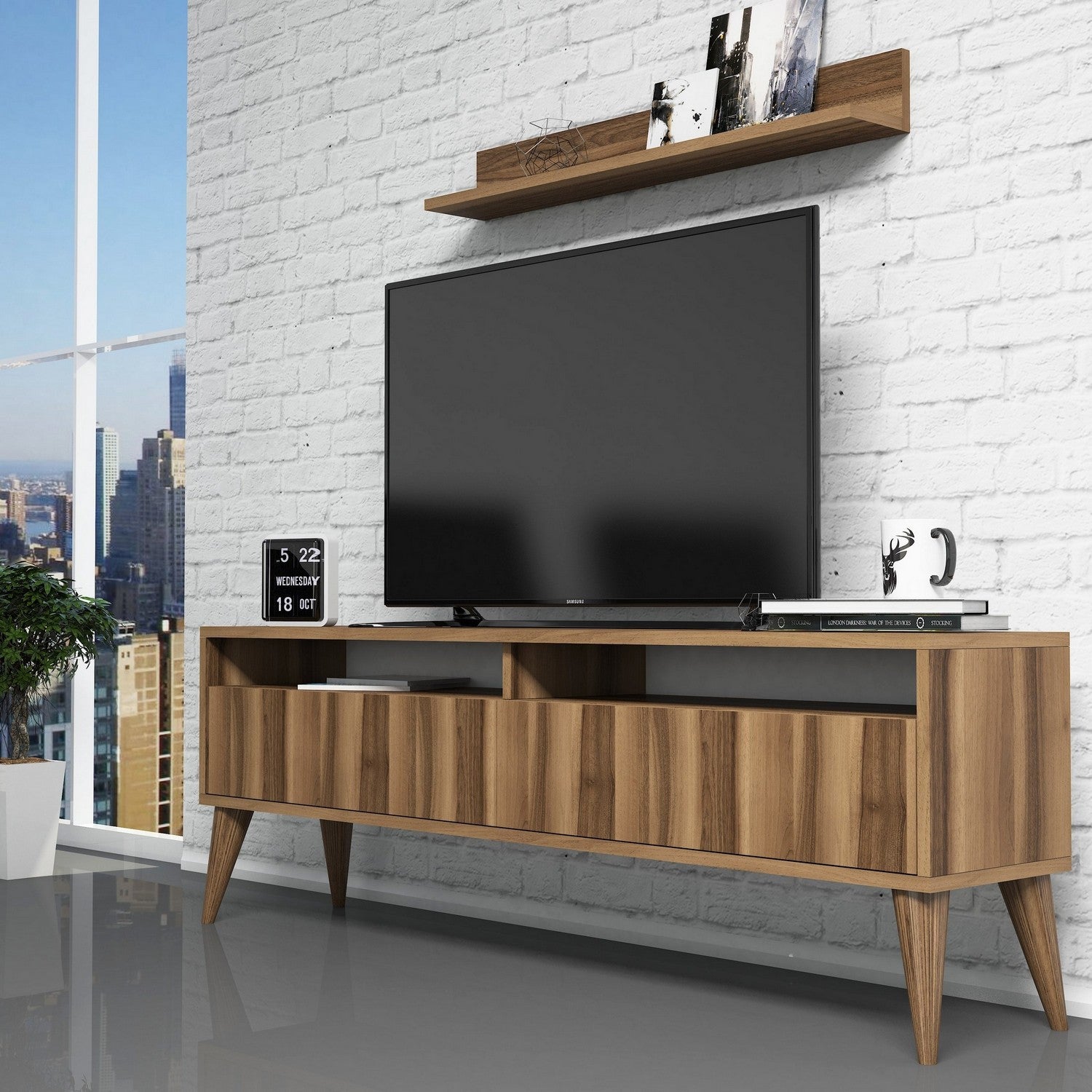 Móvel de TV moderno em nogueira com prateleira de parede, 150 cm x 50 cm x 30 cm | Painel de partículas 100% revestido em melamina, 18 mm de espessura | Design elegante e funcional para salas de estar