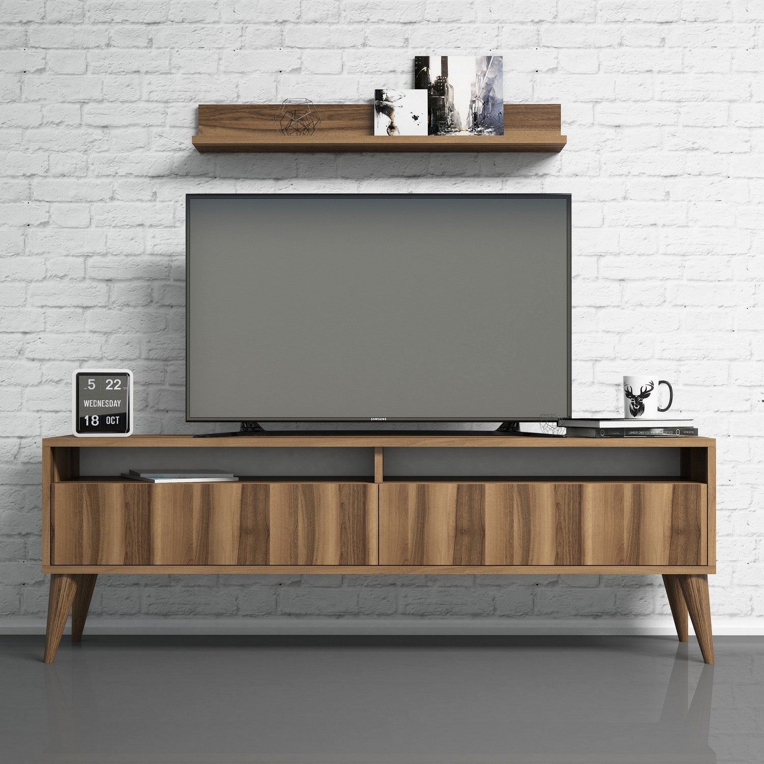 Móvel de TV moderno em nogueira com prateleira de parede, 150 cm x 50 cm x 30 cm | Painel de partículas 100% revestido em melamina, 18 mm de espessura | Design elegante e funcional para salas de estar