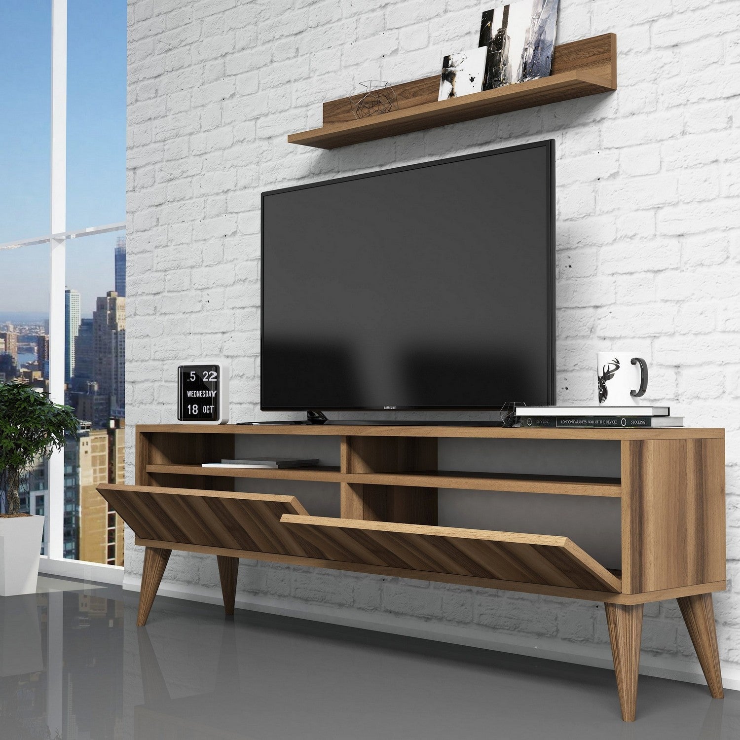 Móvel de TV moderno em nogueira com prateleira de parede, 150 cm x 50 cm x 30 cm | Painel de partículas 100% revestido em melamina, 18 mm de espessura | Design elegante e funcional para salas de estar