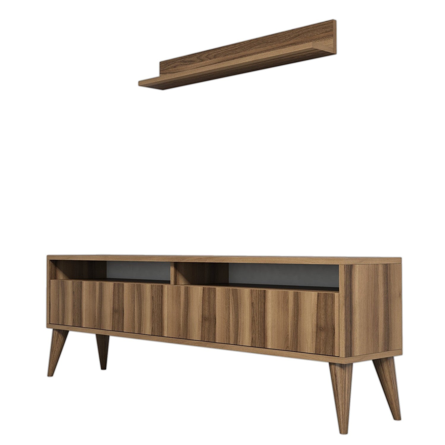 Móvel de TV moderno em nogueira com prateleira de parede, 150 cm x 50 cm x 30 cm | Painel de partículas 100% revestido em melamina, 18 mm de espessura | Design elegante e funcional para salas de estar