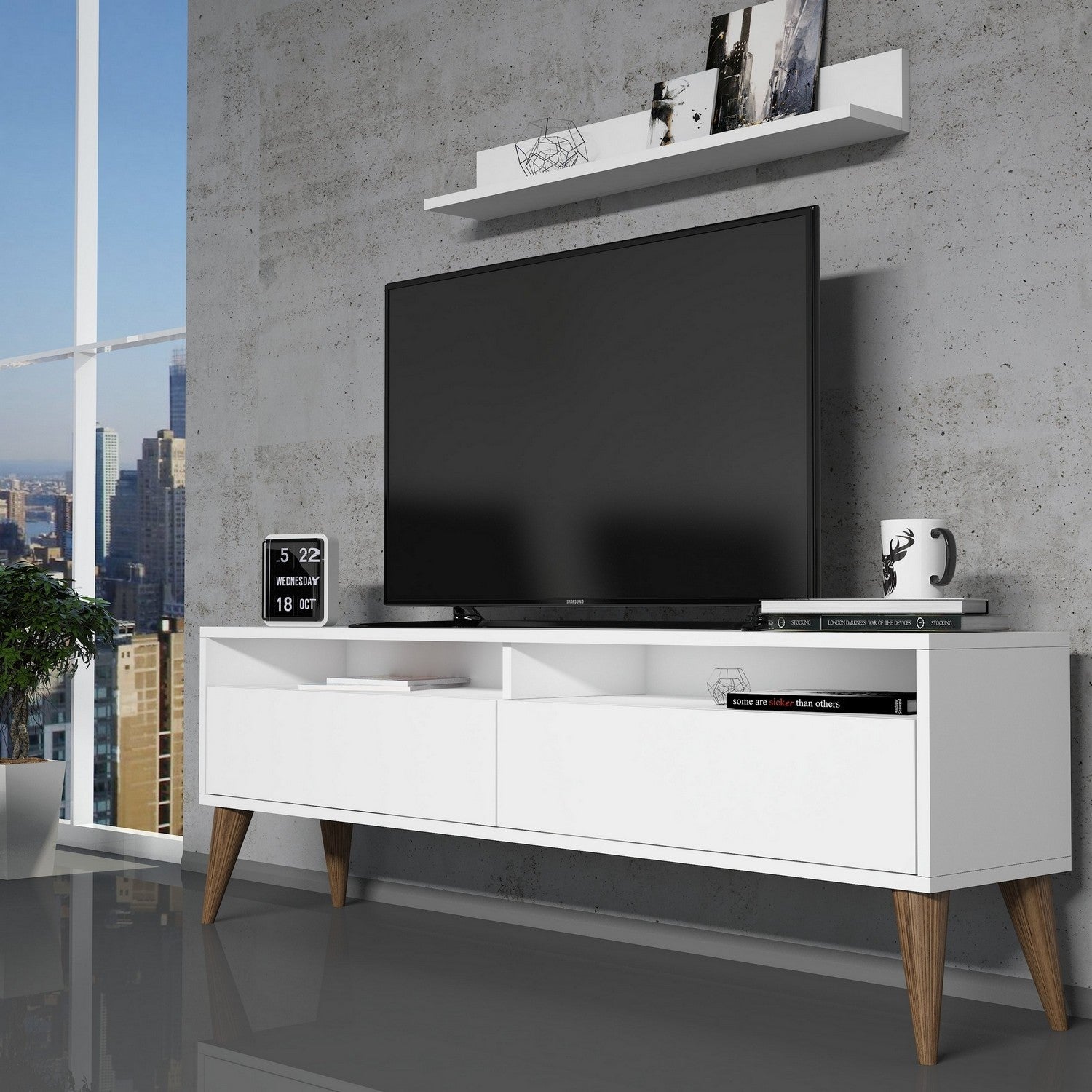 Móvel de TV moderno branco com prateleira de parede, 150 cm x 50 cm x 30 cm | Painel de partículas 100% revestido em melamina, 18 mm de espessura | Design elegante e funcional para qualquer sala de estar