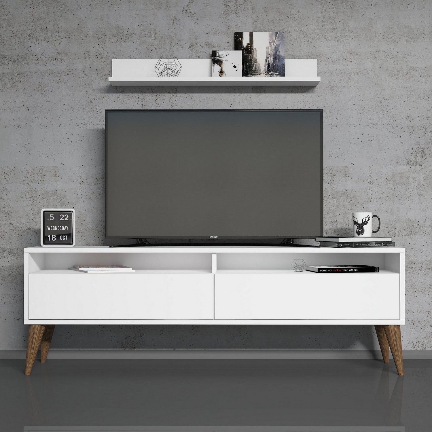 Móvel de TV moderno branco com prateleira de parede, 150 cm x 50 cm x 30 cm | Painel de partículas 100% revestido em melamina, 18 mm de espessura | Design elegante e funcional para qualquer sala de estar