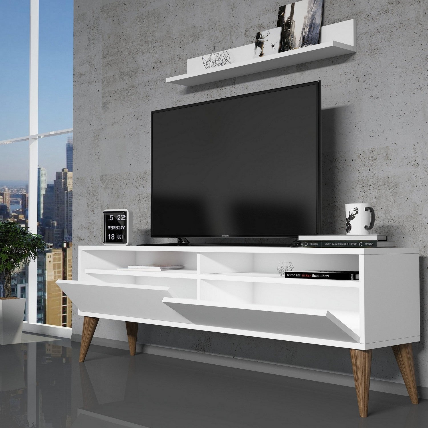 Móvel de TV moderno branco com prateleira de parede, 150 cm x 50 cm x 30 cm | Painel de partículas 100% revestido em melamina, 18 mm de espessura | Design elegante e funcional para qualquer sala de estar