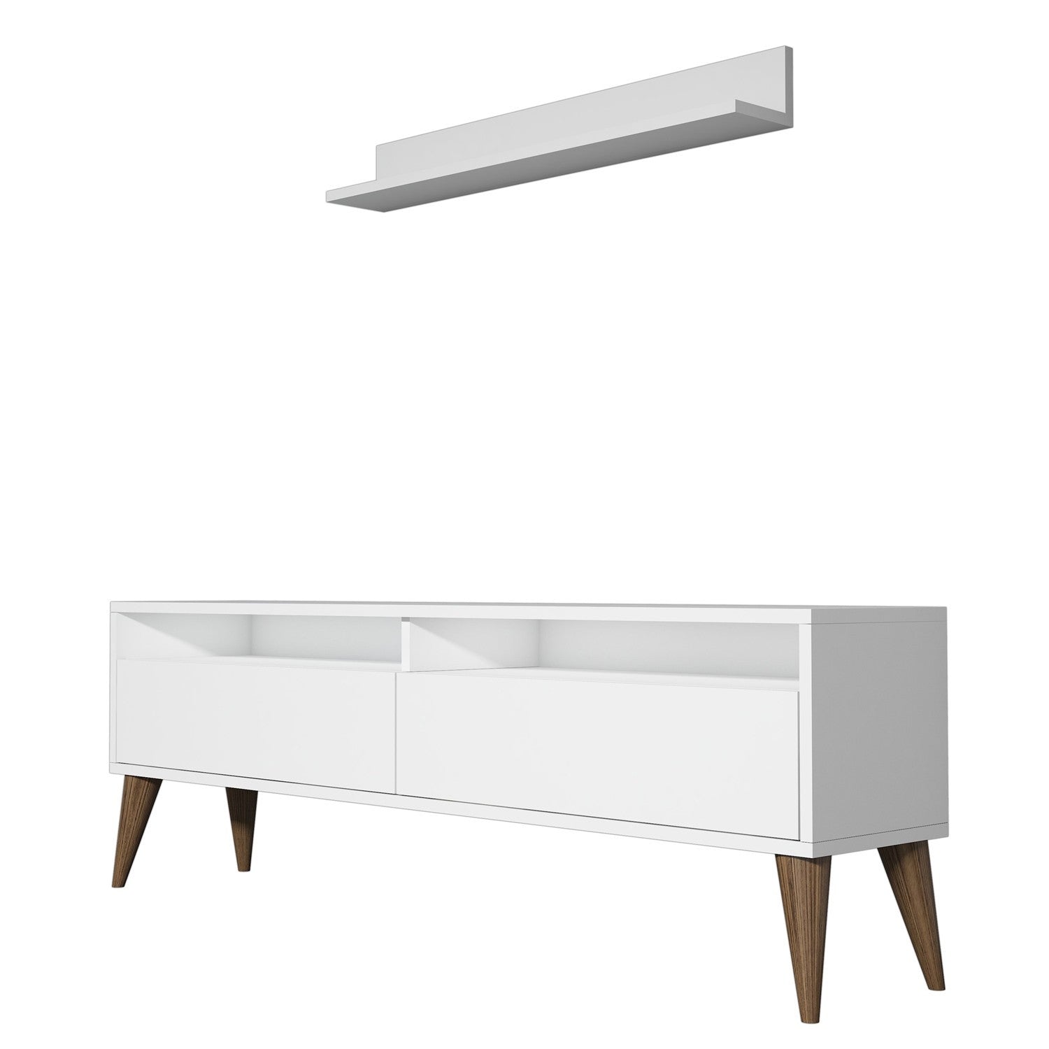 Móvel de TV moderno branco com prateleira de parede, 150 cm x 50 cm x 30 cm | Painel de partículas 100% revestido em melamina, 18 mm de espessura | Design elegante e funcional para qualquer sala de estar