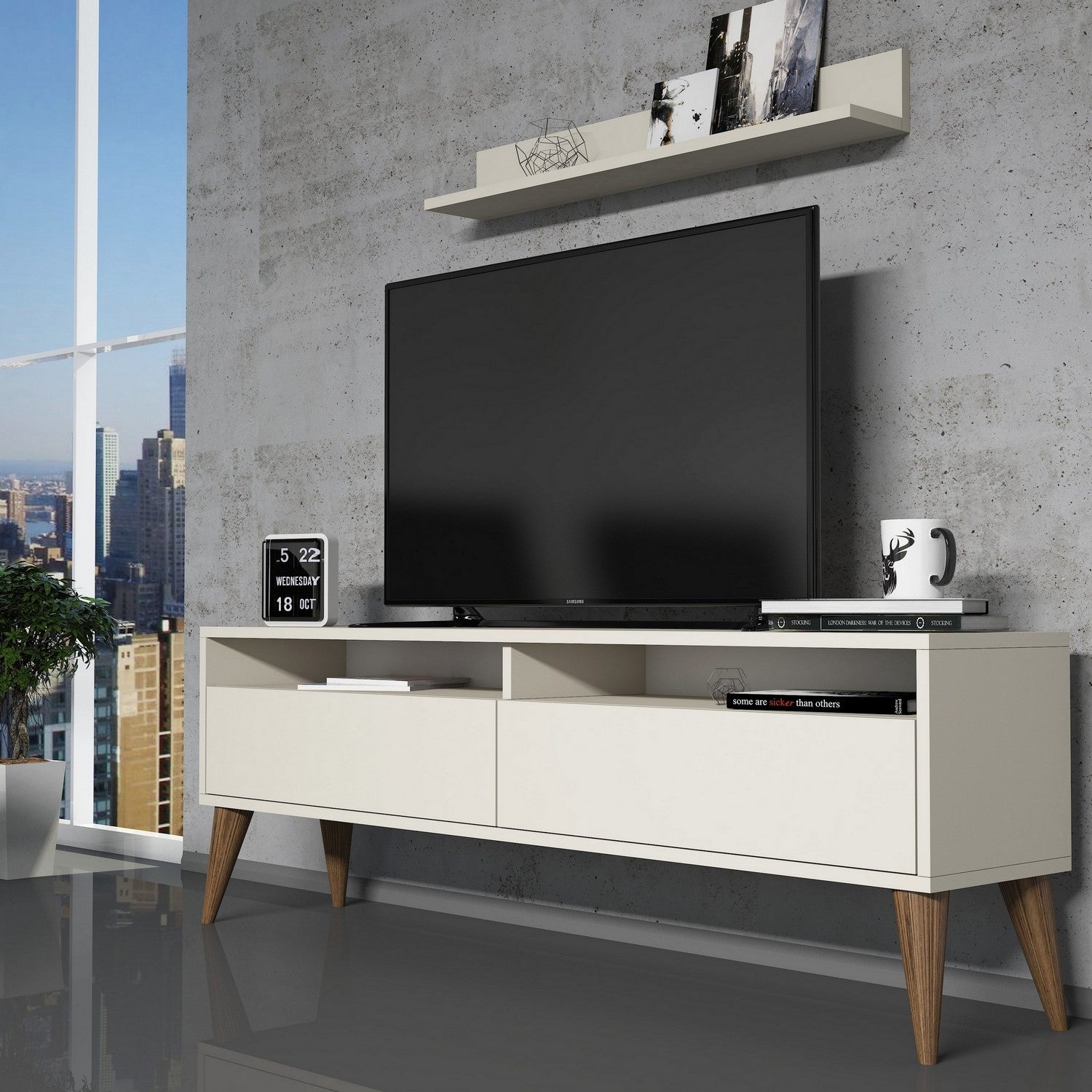 Móvel de TV moderno em creme com prateleira de parede, 150 cm de largura e 50 cm de altura | Painel de partículas 100% revestido em melamina, 18 mm de espessura | Design elegante e funcional para qualquer sala de estar