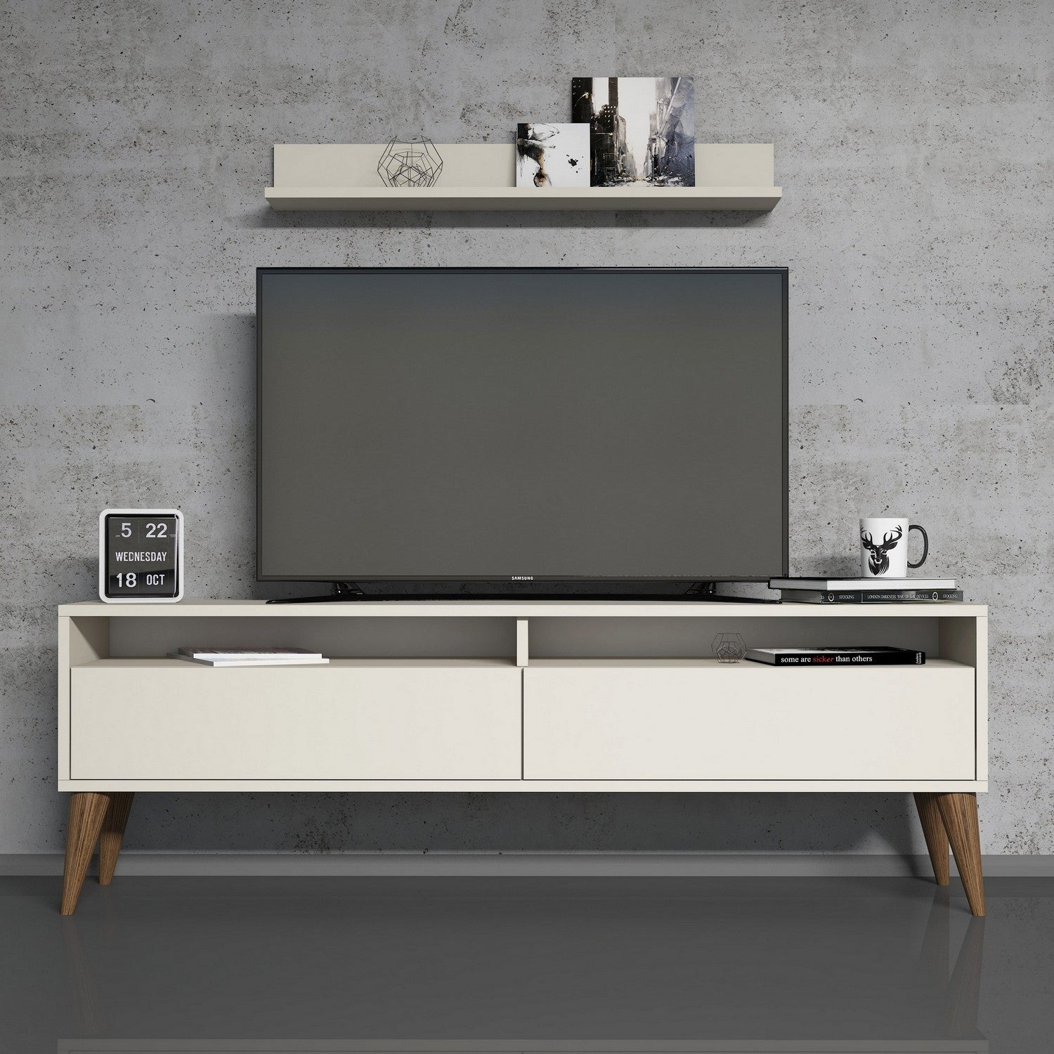 Móvel de TV moderno em creme com prateleira de parede, 150 cm de largura e 50 cm de altura | Painel de partículas 100% revestido em melamina, 18 mm de espessura | Design elegante e funcional para qualquer sala de estar