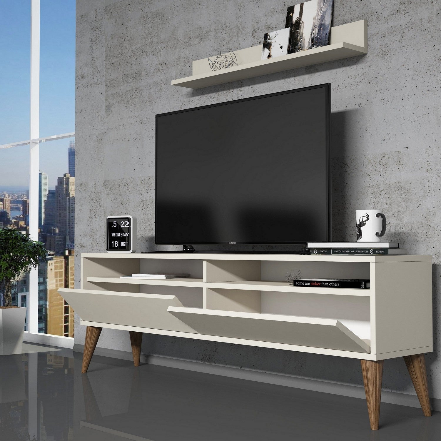 Móvel de TV moderno em creme com prateleira de parede, 150 cm de largura e 50 cm de altura | Painel de partículas 100% revestido em melamina, 18 mm de espessura | Design elegante e funcional para qualquer sala de estar