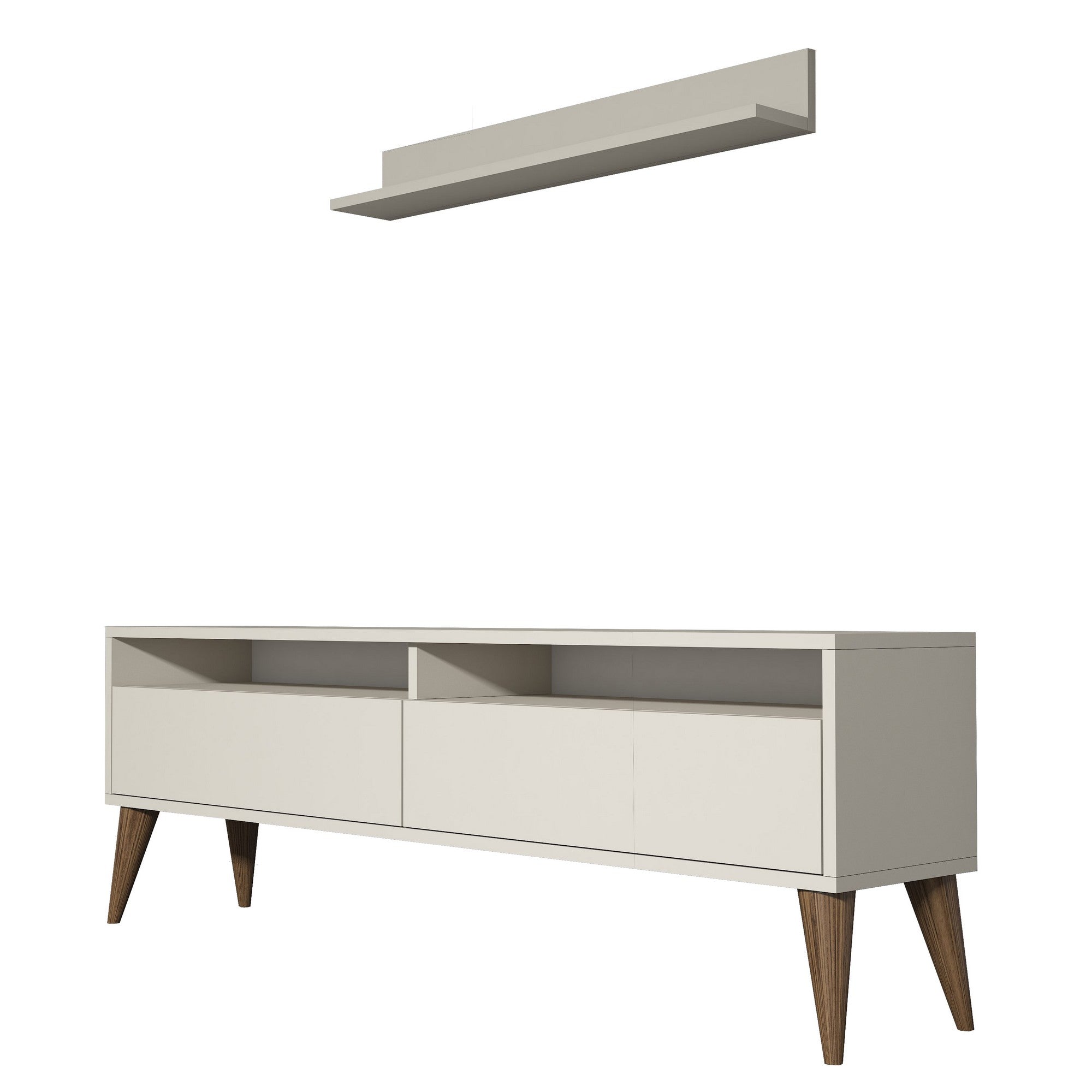 Móvel de TV moderno em creme com prateleira de parede, 150 cm de largura e 50 cm de altura | Painel de partículas 100% revestido em melamina, 18 mm de espessura | Design elegante e funcional para qualquer sala de estar