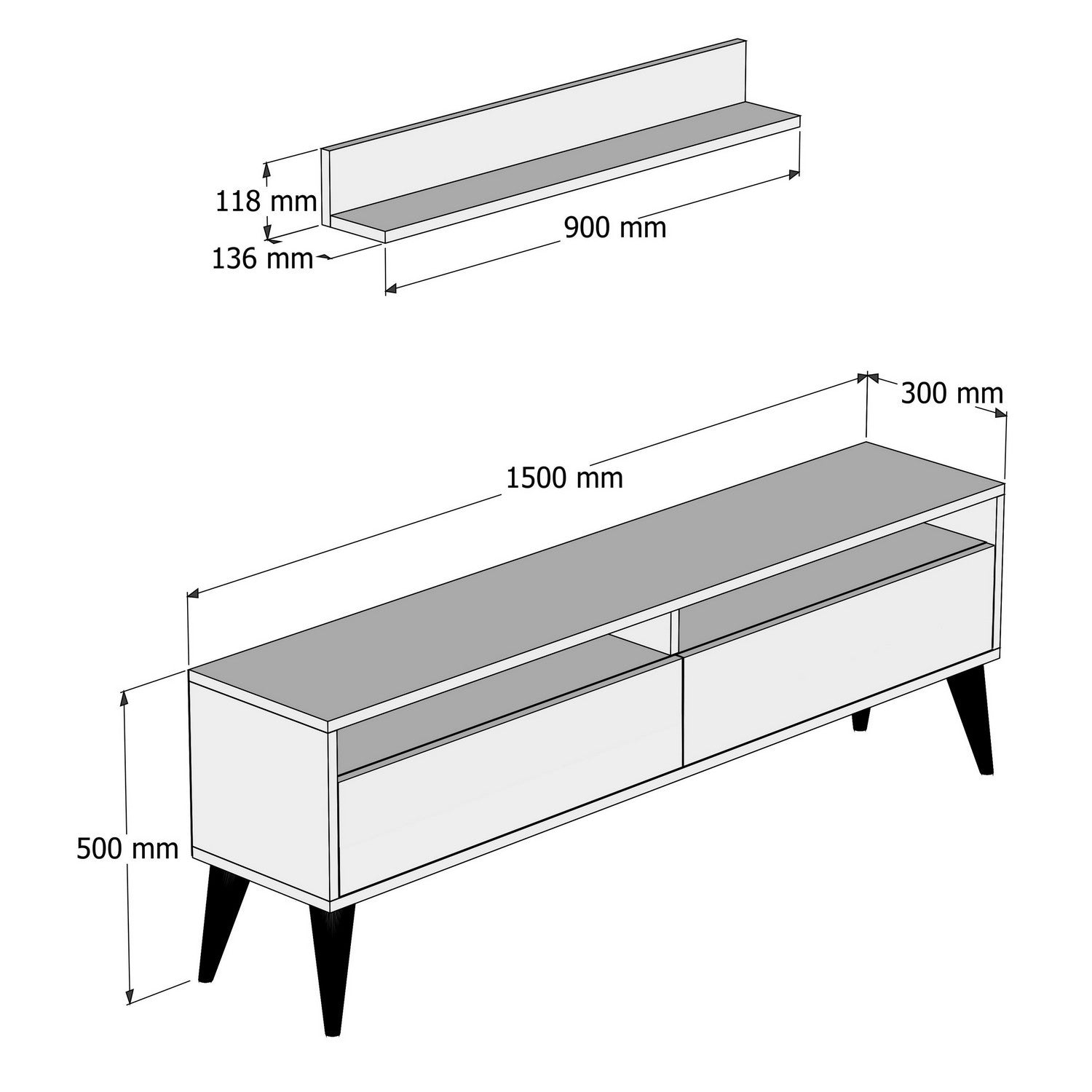 Móvel de TV moderno em creme com prateleira de parede, 150 cm de largura e 50 cm de altura | Painel de partículas 100% revestido em melamina, 18 mm de espessura | Design elegante e funcional para qualquer sala de estar