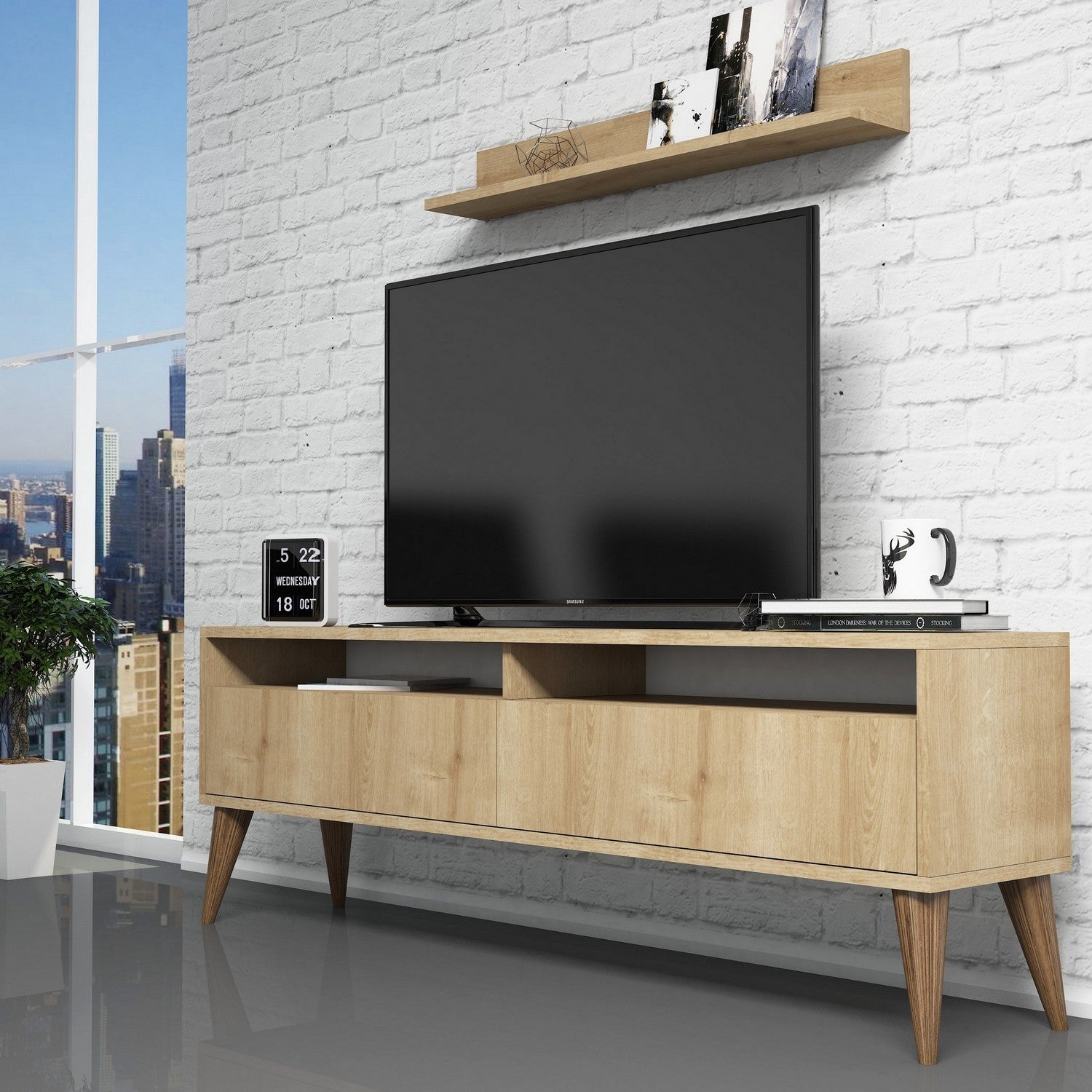 Móvel de TV moderno em carvalho com prateleira de parede, 150 cm x 50 cm x 30 cm | Painel de partículas 100% revestido em melamina, 18 mm de espessura | Design elegante e funcional para sala de estar