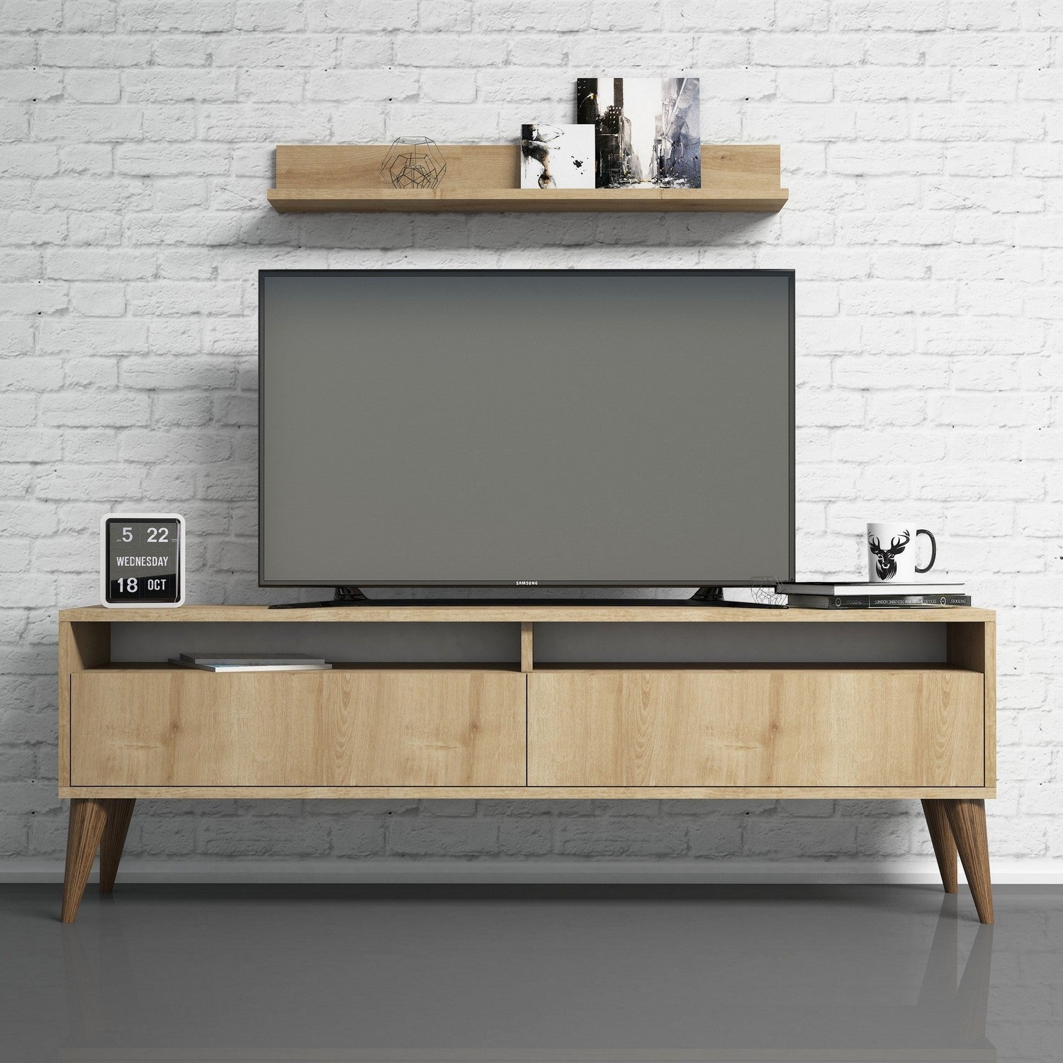 Móvel de TV moderno em carvalho com prateleira de parede, 150 cm x 50 cm x 30 cm | Painel de partículas 100% revestido em melamina, 18 mm de espessura | Design elegante e funcional para sala de estar