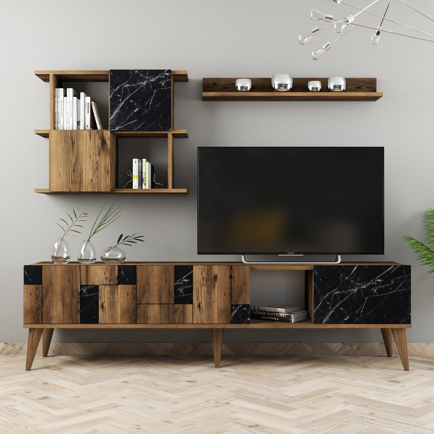 Móvel de TV moderno com prateleiras de parede, nogueira e preto, 180 cm | Painel de partículas 100% revestido de melamina, 18 mm de espessura | Solução de armazenamento elegante e funcional