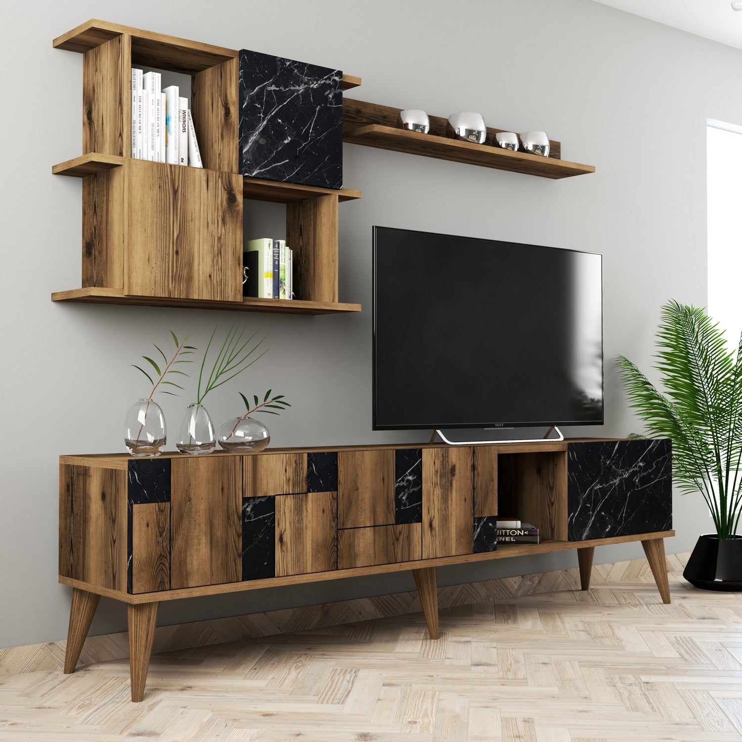 Móvel de TV moderno com prateleiras de parede, nogueira e preto, 180 cm | Painel de partículas 100% revestido de melamina, 18 mm de espessura | Solução de armazenamento elegante e funcional