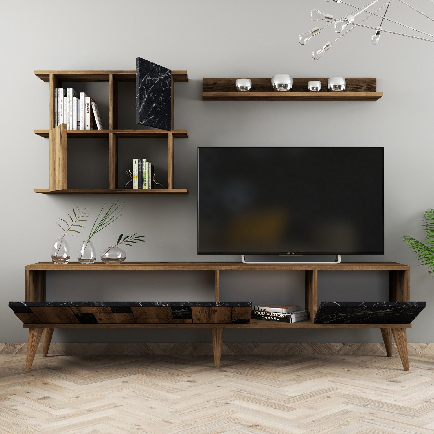 Móvel de TV moderno com prateleiras de parede, nogueira e preto, 180 cm | Painel de partículas 100% revestido de melamina, 18 mm de espessura | Solução de armazenamento elegante e funcional