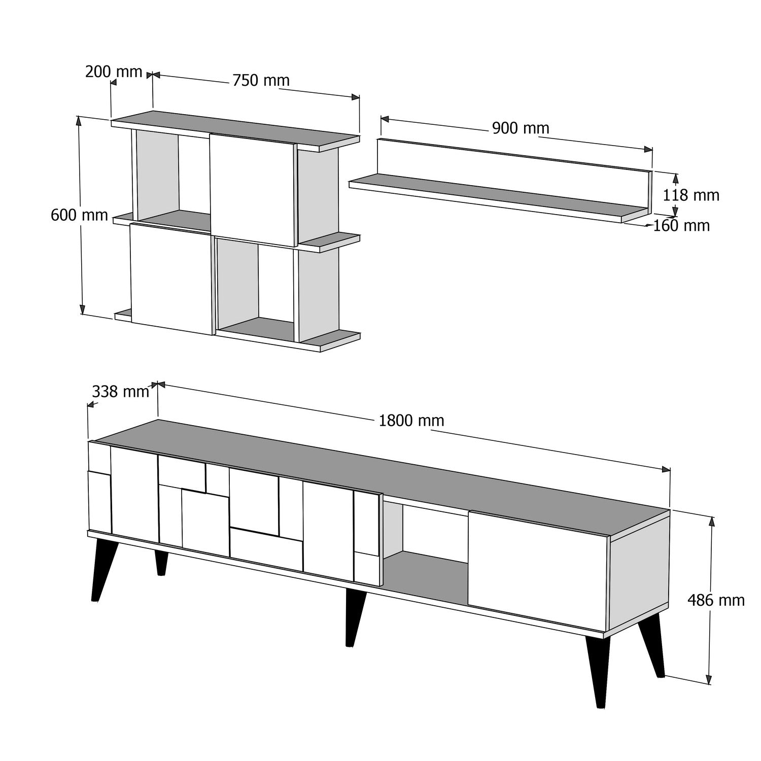 Móvel de TV moderno com prateleiras de parede, nogueira e preto, 180 cm | Painel de partículas 100% revestido de melamina, 18 mm de espessura | Solução de armazenamento elegante e funcional