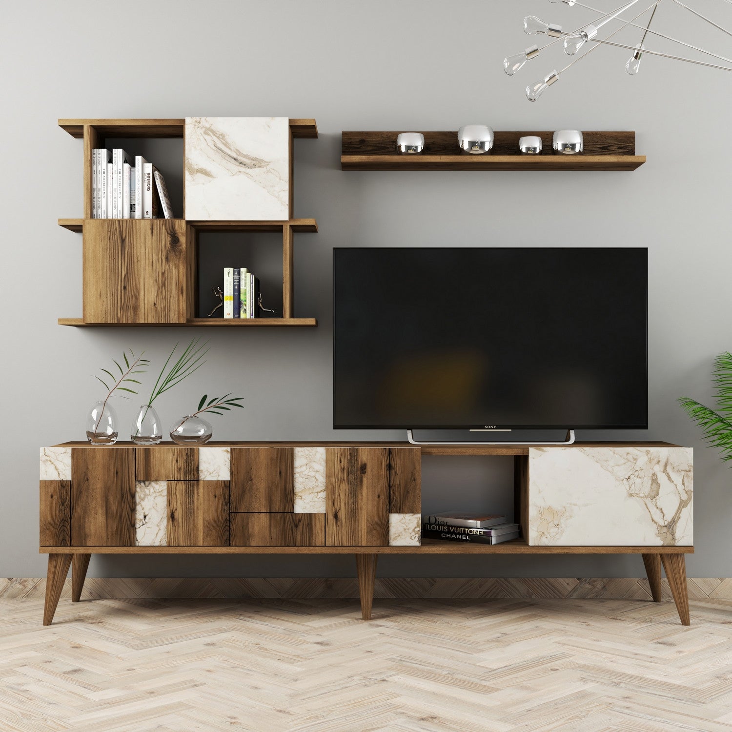 Móvel de TV moderno com prateleiras de parede, branco e nogueira, 180 cm | Painel de partículas 100% revestido de melamina, 18 mm de espessura | Solução de armazenamento elegante e funcional