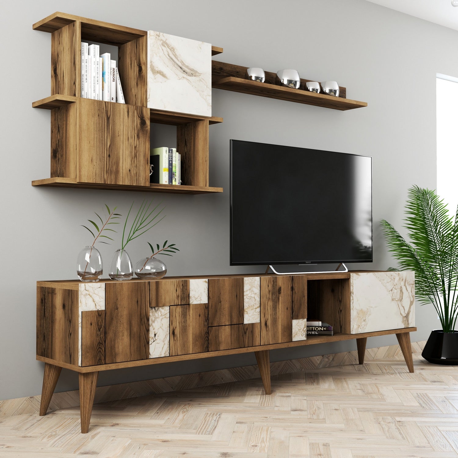 Móvel de TV moderno com prateleiras de parede, branco e nogueira, 180 cm | Painel de partículas 100% revestido de melamina, 18 mm de espessura | Solução de armazenamento elegante e funcional