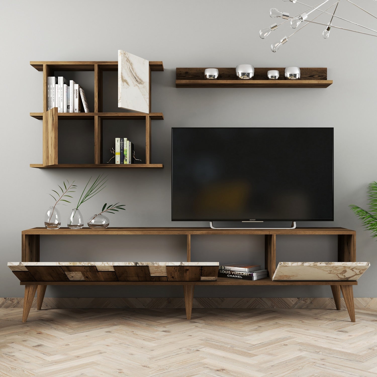 Móvel de TV moderno com prateleiras de parede, branco e nogueira, 180 cm | Painel de partículas 100% revestido de melamina, 18 mm de espessura | Solução de armazenamento elegante e funcional