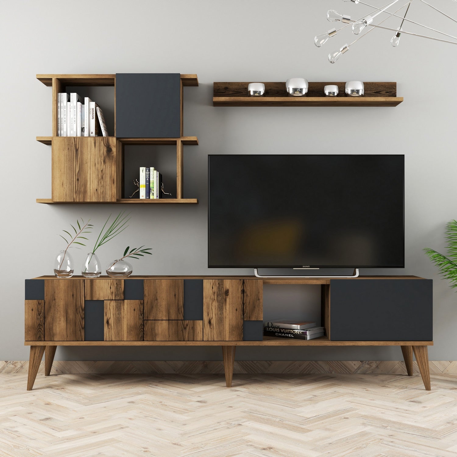 Móvel de TV moderno com prateleiras de parede, nogueira e antracite, 180 cm | Revestimento 100% melamina, 18 mm de espessura | Solução de armazenamento elegante e funcional para sala de estar