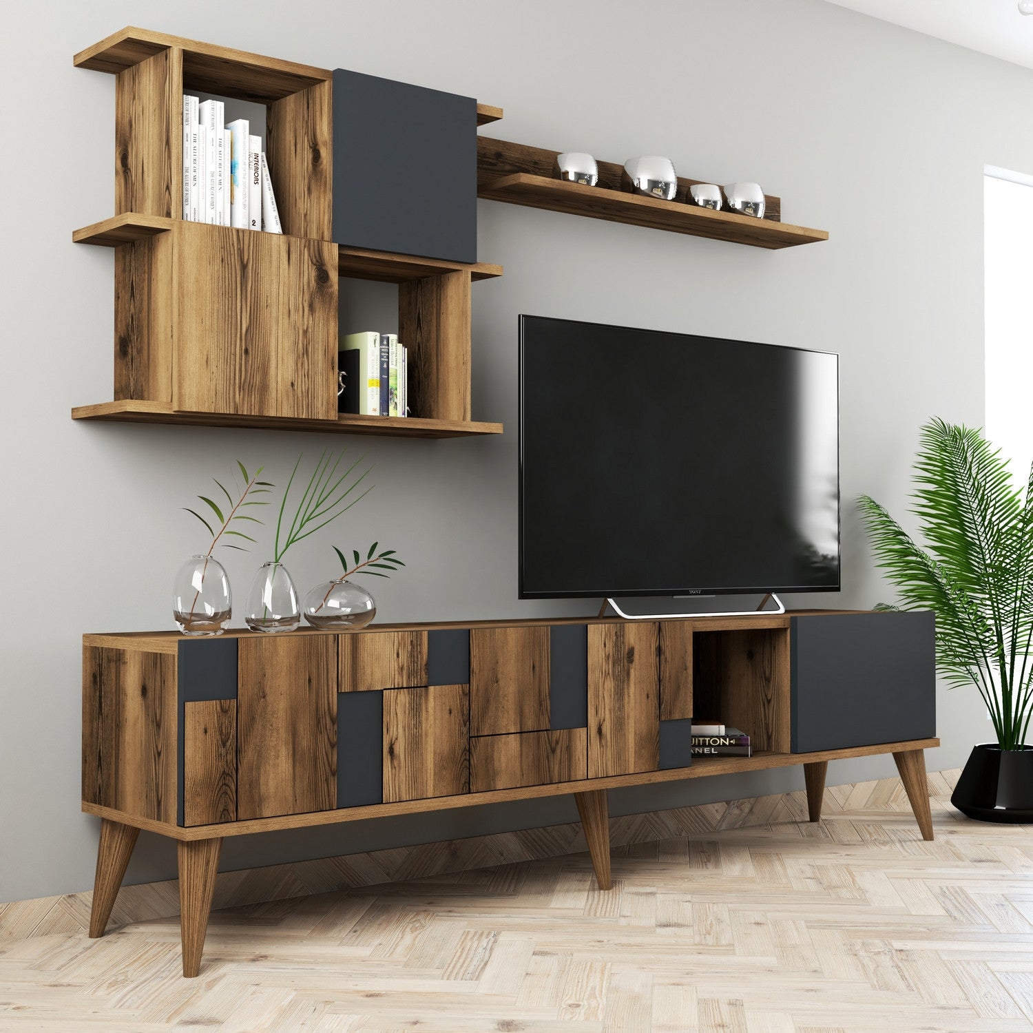 Móvel de TV moderno com prateleiras de parede, nogueira e antracite, 180 cm | Revestimento 100% melamina, 18 mm de espessura | Solução de armazenamento elegante e funcional para sala de estar
