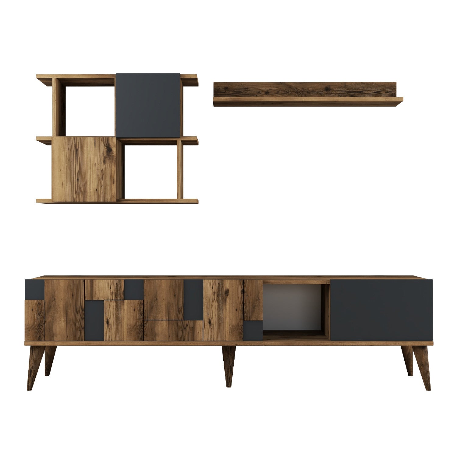 Móvel de TV moderno com prateleiras de parede, nogueira e antracite, 180 cm | Revestimento 100% melamina, 18 mm de espessura | Solução de armazenamento elegante e funcional para sala de estar