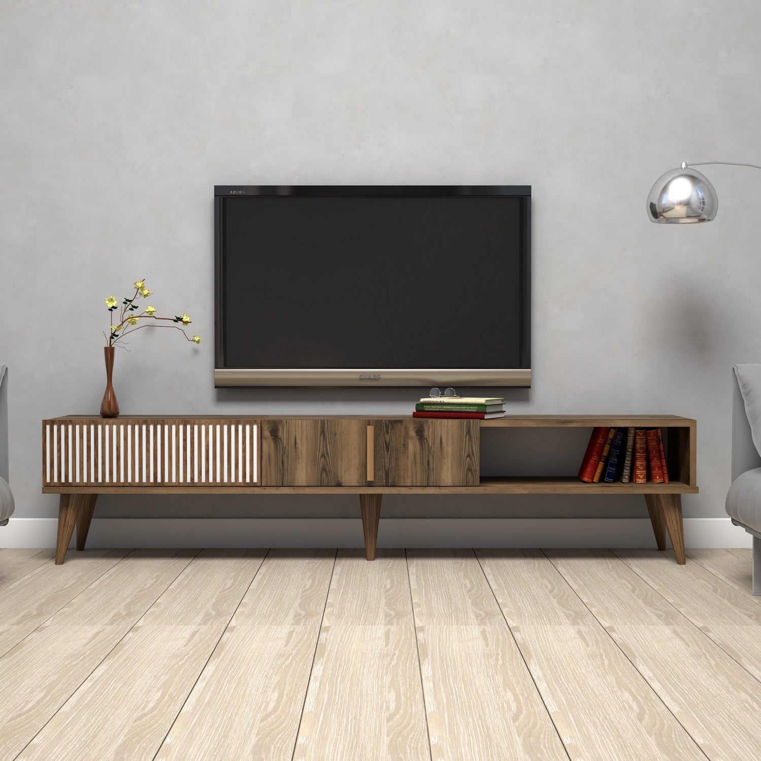 Suporte de TV moderno em nogueira, 180 cm | Painel de partículas 100% revestido em melamina, 18 mm de espessura | Montável na parede, pernas de plástico, capacidade de 30 kg, elegante e funcional