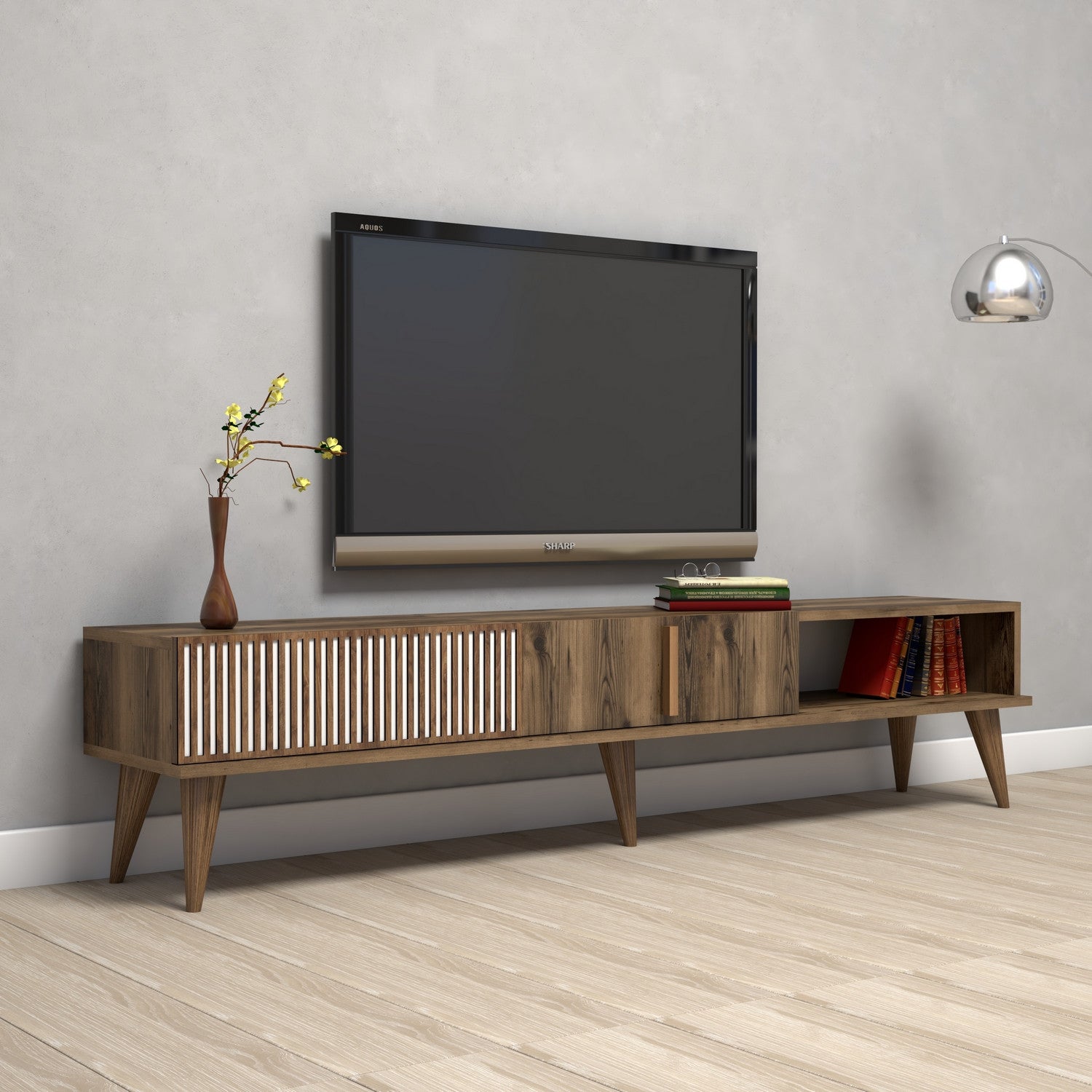 Suporte de TV moderno em nogueira, 180 cm | Painel de partículas 100% revestido em melamina, 18 mm de espessura | Montável na parede, pernas de plástico, capacidade de 30 kg, elegante e funcional
