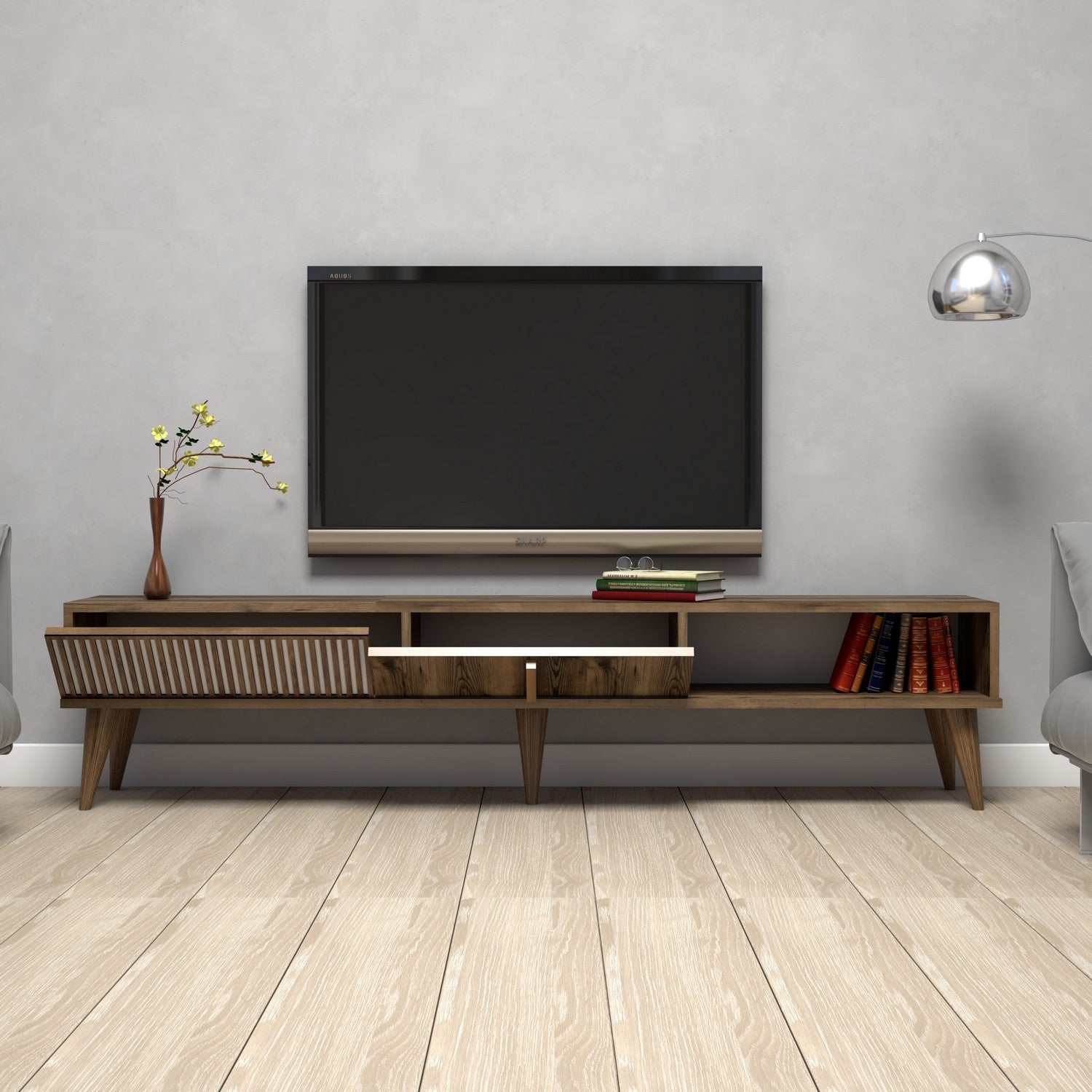 Suporte de TV moderno em nogueira, 180 cm | Painel de partículas 100% revestido em melamina, 18 mm de espessura | Montável na parede, pernas de plástico, capacidade de 30 kg, elegante e funcional