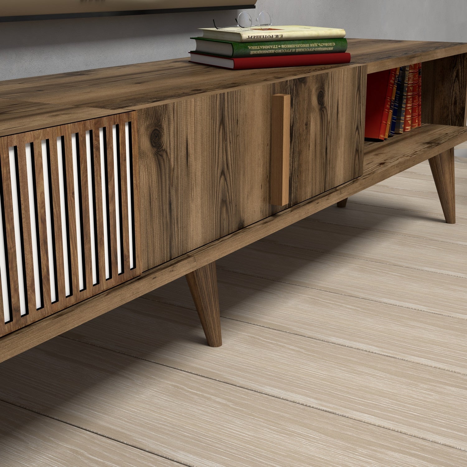 Suporte de TV moderno em nogueira, 180 cm | Painel de partículas 100% revestido em melamina, 18 mm de espessura | Montável na parede, pernas de plástico, capacidade de 30 kg, elegante e funcional