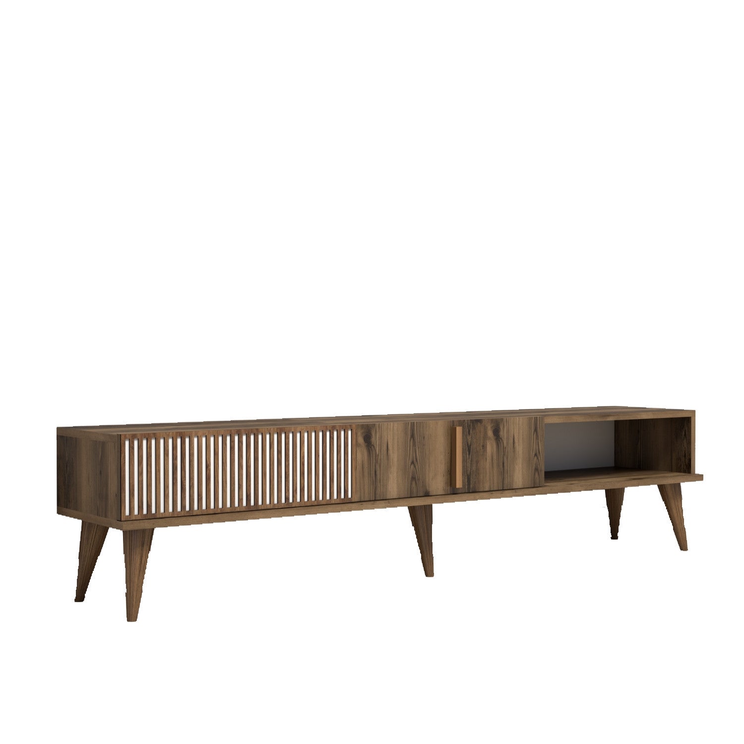 Suporte de TV moderno em nogueira, 180 cm | Painel de partículas 100% revestido em melamina, 18 mm de espessura | Montável na parede, pernas de plástico, capacidade de 30 kg, elegante e funcional
