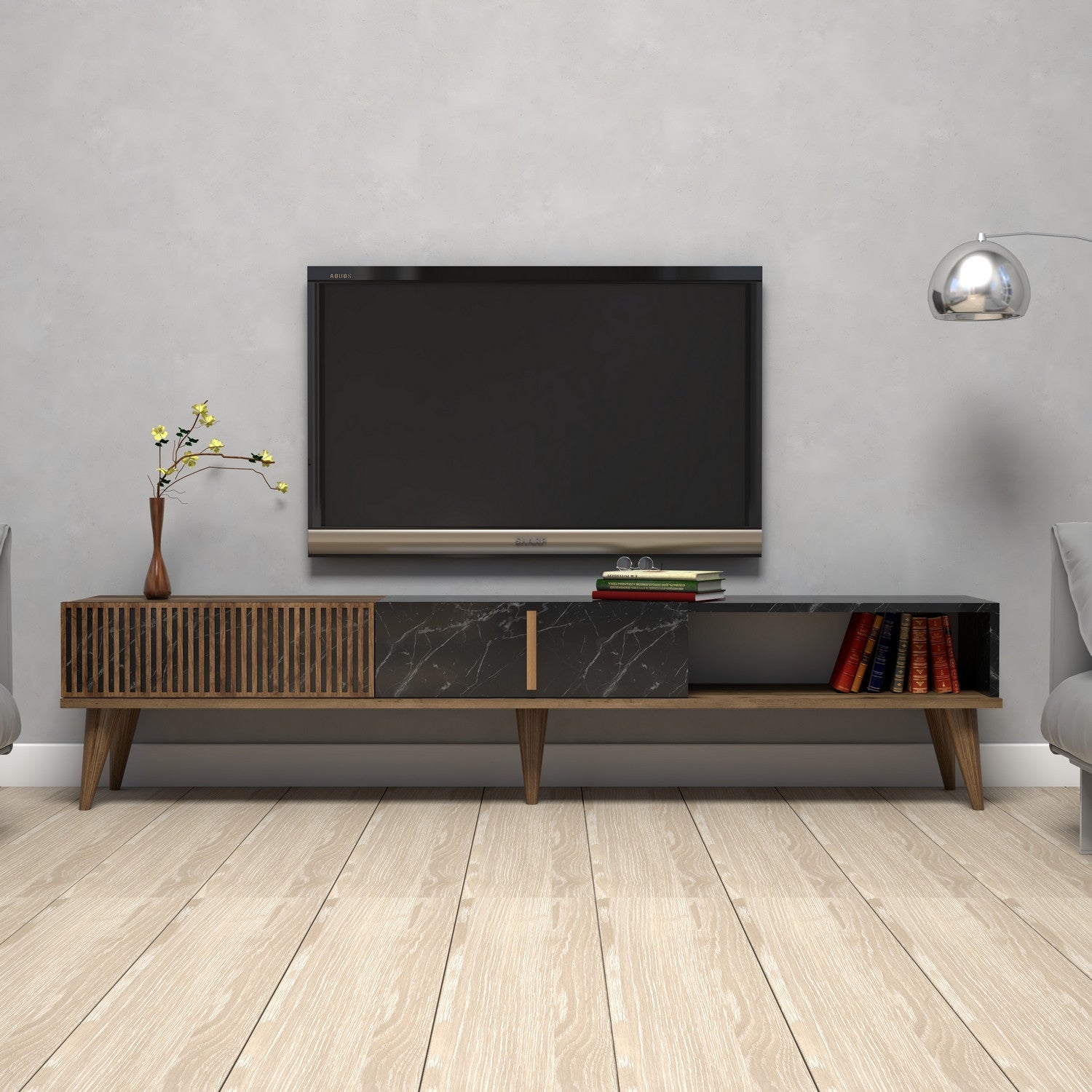 Suporte de TV moderno com opção de montagem na parede, nogueira e preto, 180 x 40 x 35 cm | 100% revestido em melamina, 18 mm de espessura, pés de plástico, capacidade de 30 kg
