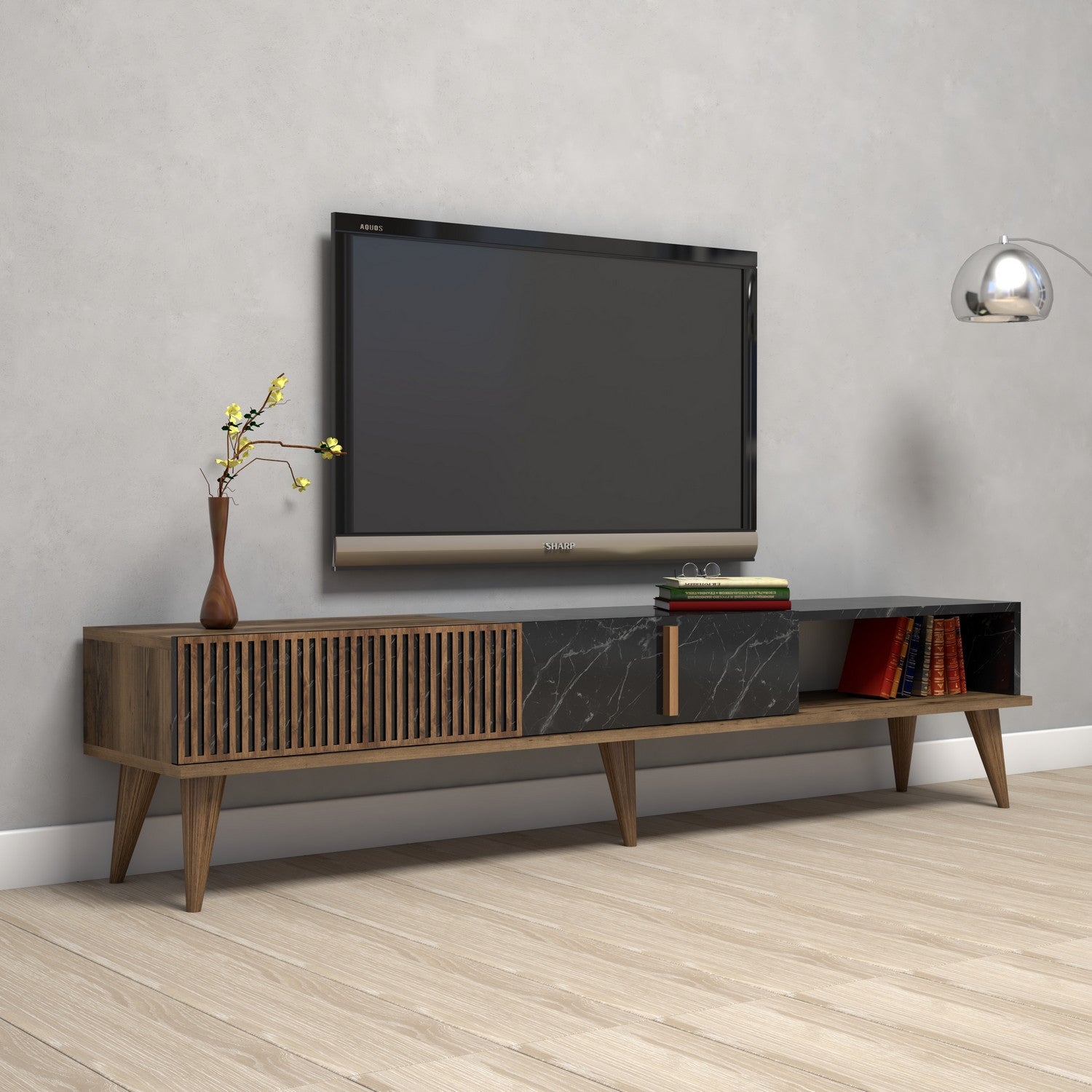 Suporte de TV moderno com opção de montagem na parede, nogueira e preto, 180 x 40 x 35 cm | 100% revestido em melamina, 18 mm de espessura, pés de plástico, capacidade de 30 kg