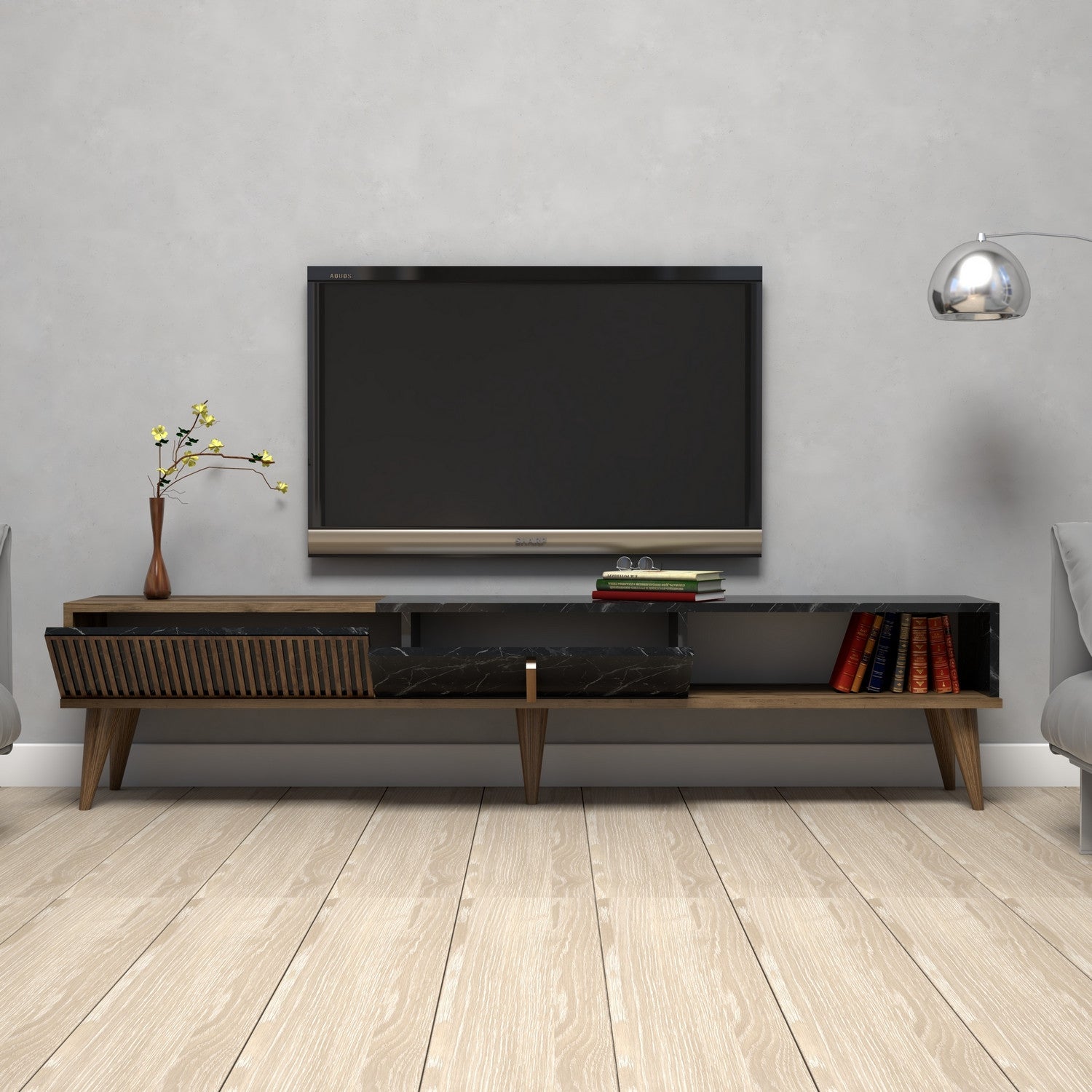 Suporte de TV moderno com opção de montagem na parede, nogueira e preto, 180 x 40 x 35 cm | 100% revestido em melamina, 18 mm de espessura, pés de plástico, capacidade de 30 kg