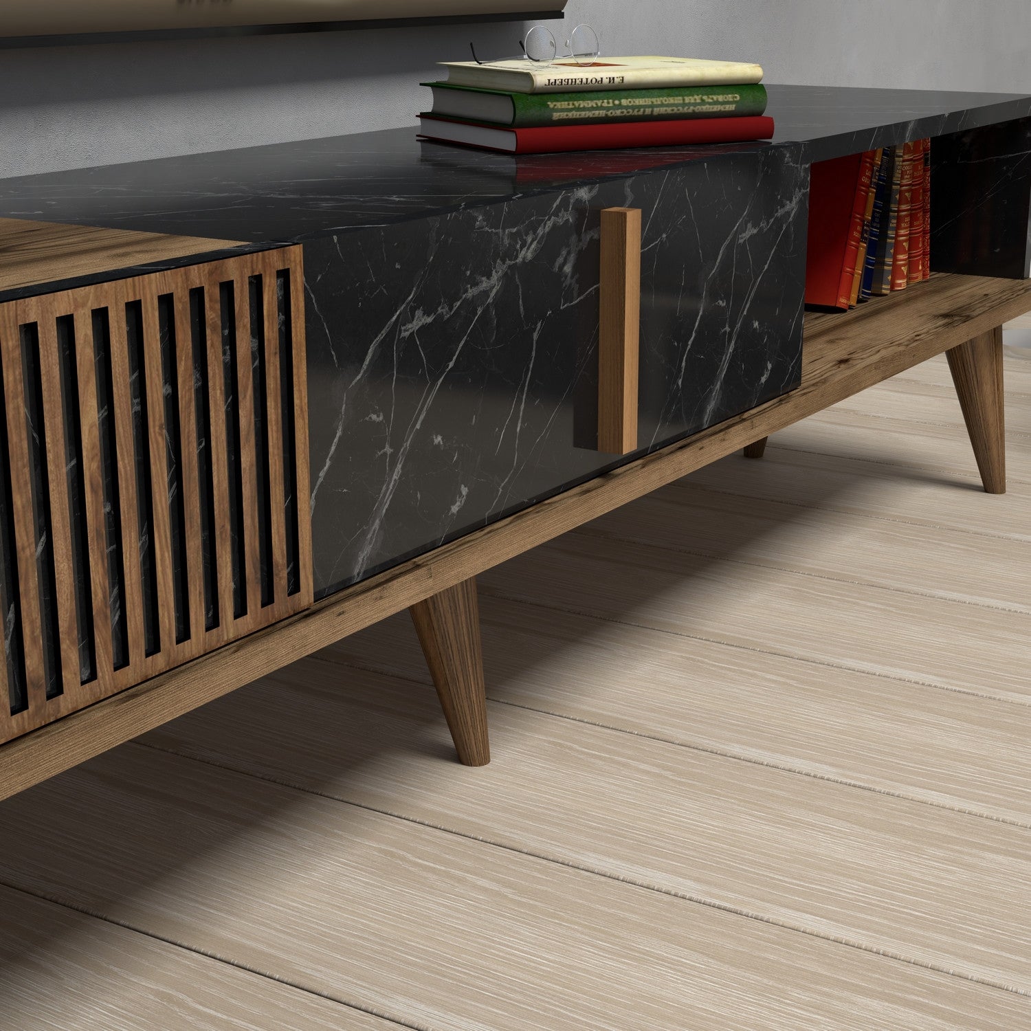 Suporte de TV moderno com opção de montagem na parede, nogueira e preto, 180 x 40 x 35 cm | 100% revestido em melamina, 18 mm de espessura, pés de plástico, capacidade de 30 kg