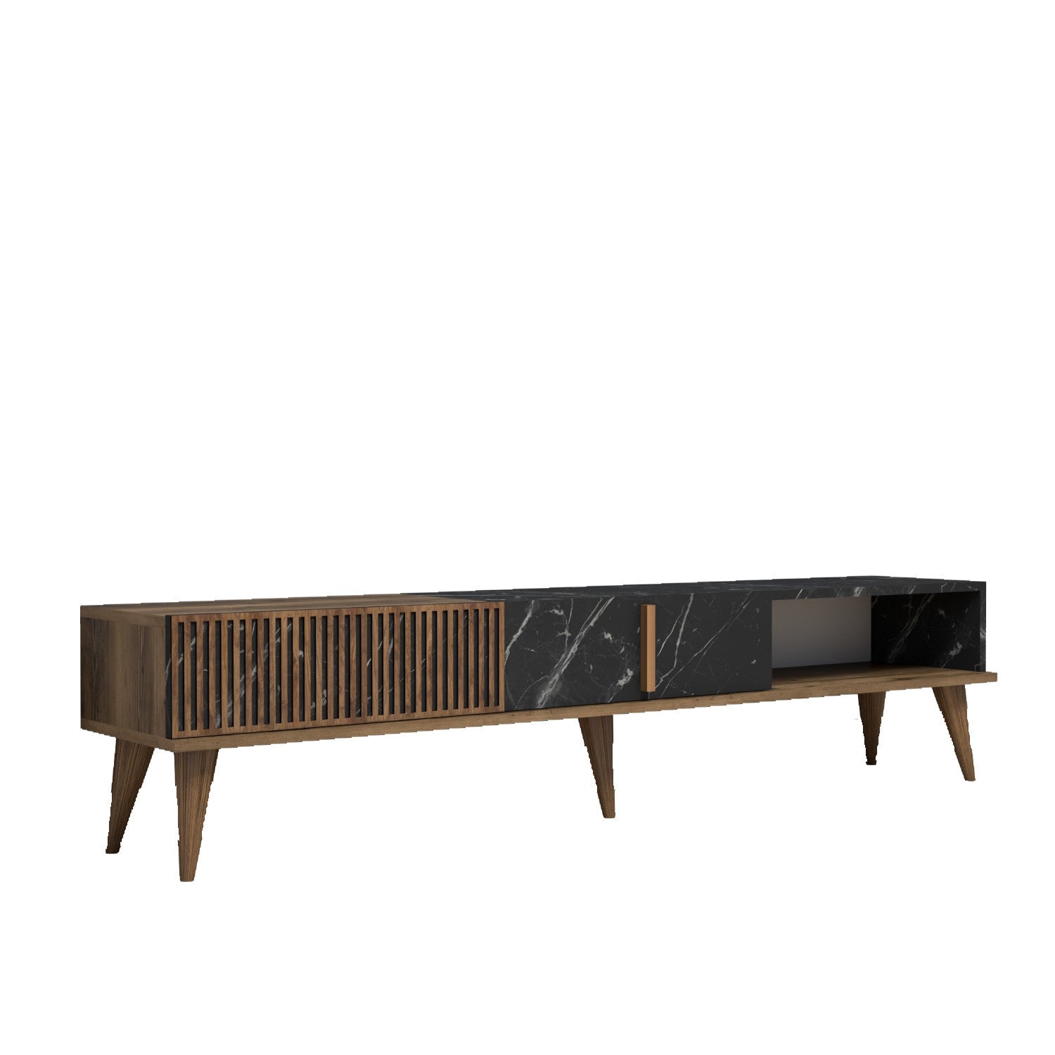 Suporte de TV moderno com opção de montagem na parede, nogueira e preto, 180 x 40 x 35 cm | 100% revestido em melamina, 18 mm de espessura, pés de plástico, capacidade de 30 kg