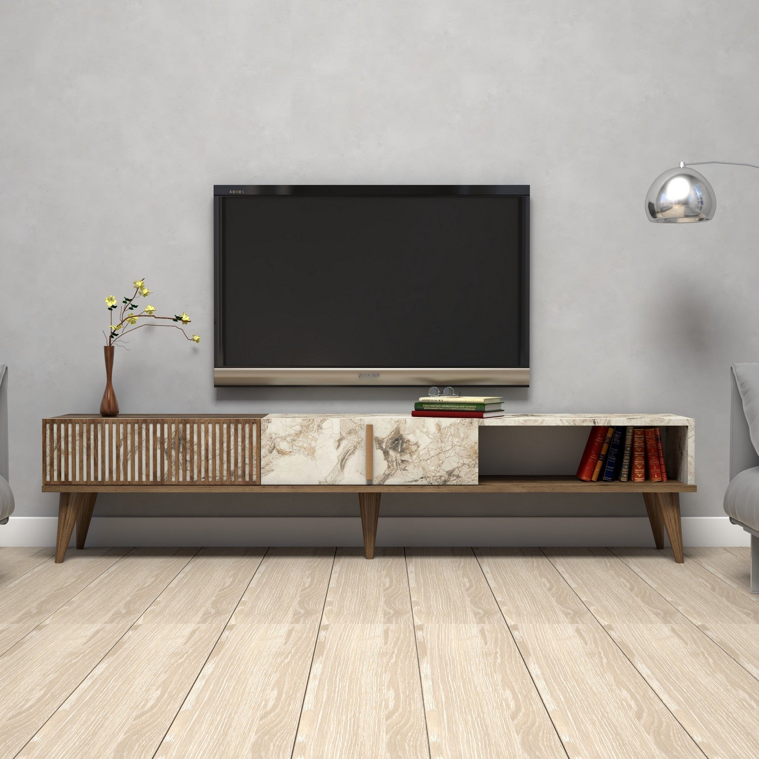 Suporte de TV moderno com opção de montagem na parede, nogueira e branco, 180 x 40 x 35 cm | 100% revestido em melamina, 18 mm de espessura, pés de plástico, capacidade de 30 kg