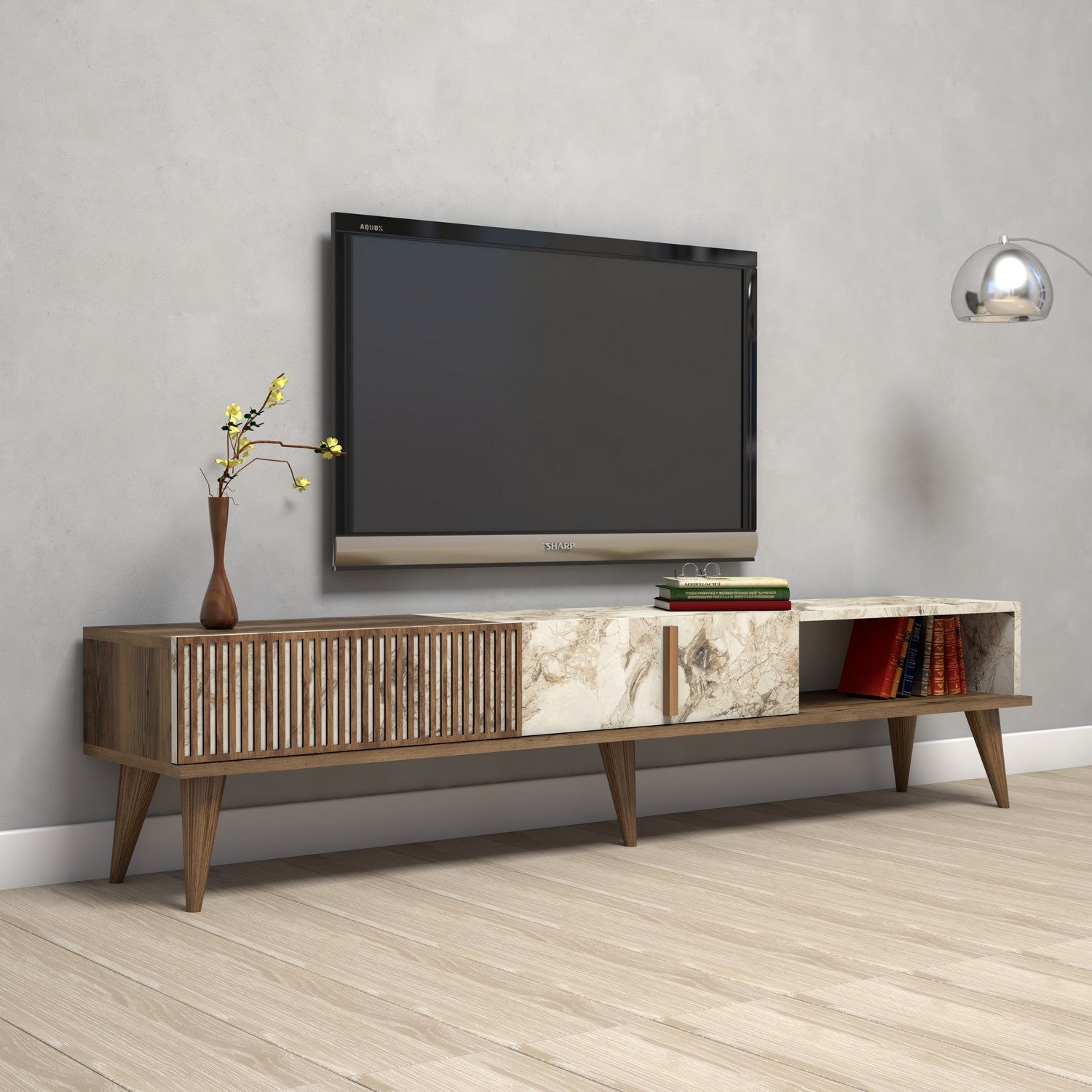Suporte de TV moderno com opção de montagem na parede, nogueira e branco, 180 x 40 x 35 cm | 100% revestido em melamina, 18 mm de espessura, pés de plástico, capacidade de 30 kg