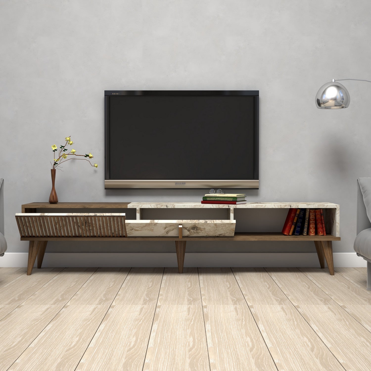 Suporte de TV moderno com opção de montagem na parede, nogueira e branco, 180 x 40 x 35 cm | 100% revestido em melamina, 18 mm de espessura, pés de plástico, capacidade de 30 kg