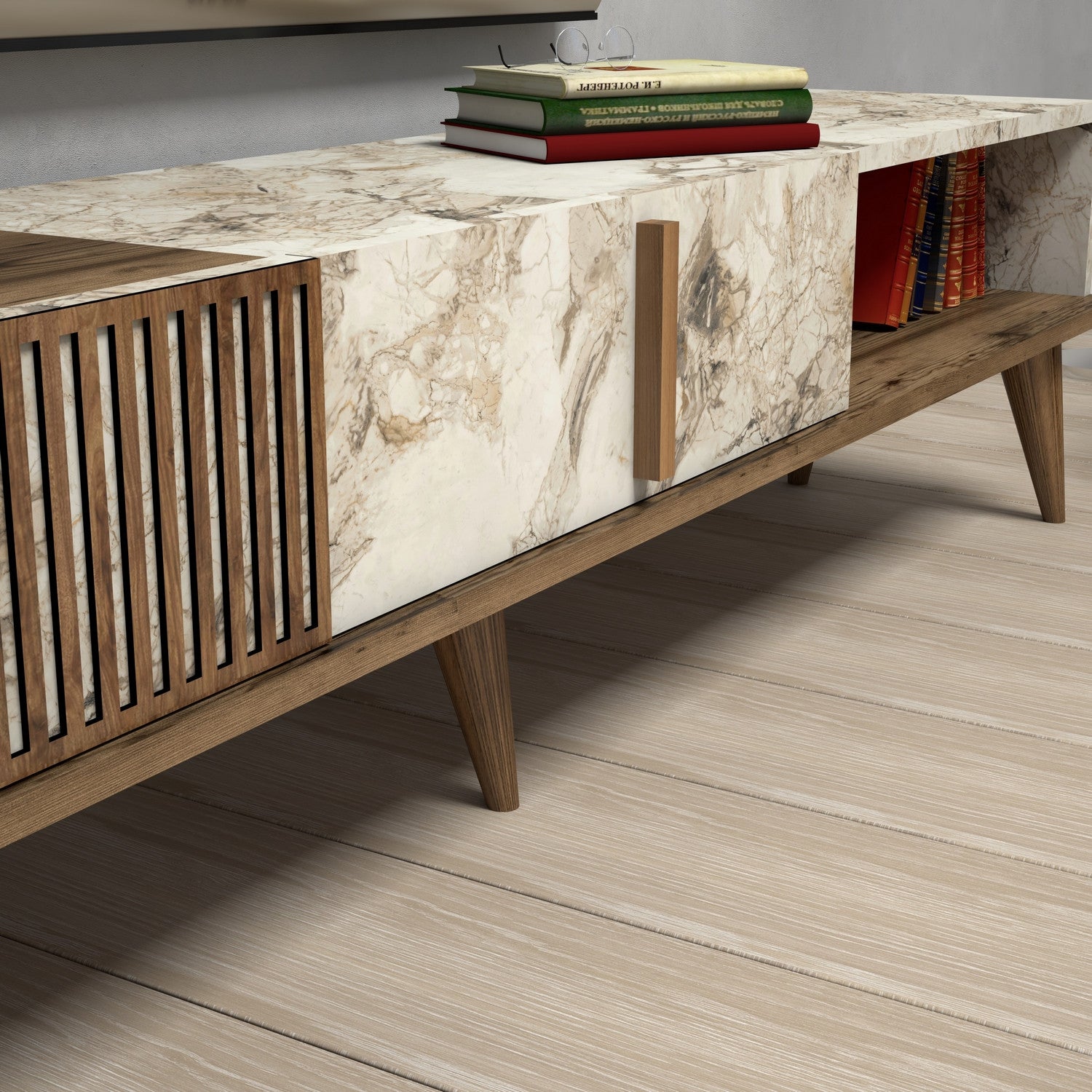 Suporte de TV moderno com opção de montagem na parede, nogueira e branco, 180 x 40 x 35 cm | 100% revestido em melamina, 18 mm de espessura, pés de plástico, capacidade de 30 kg