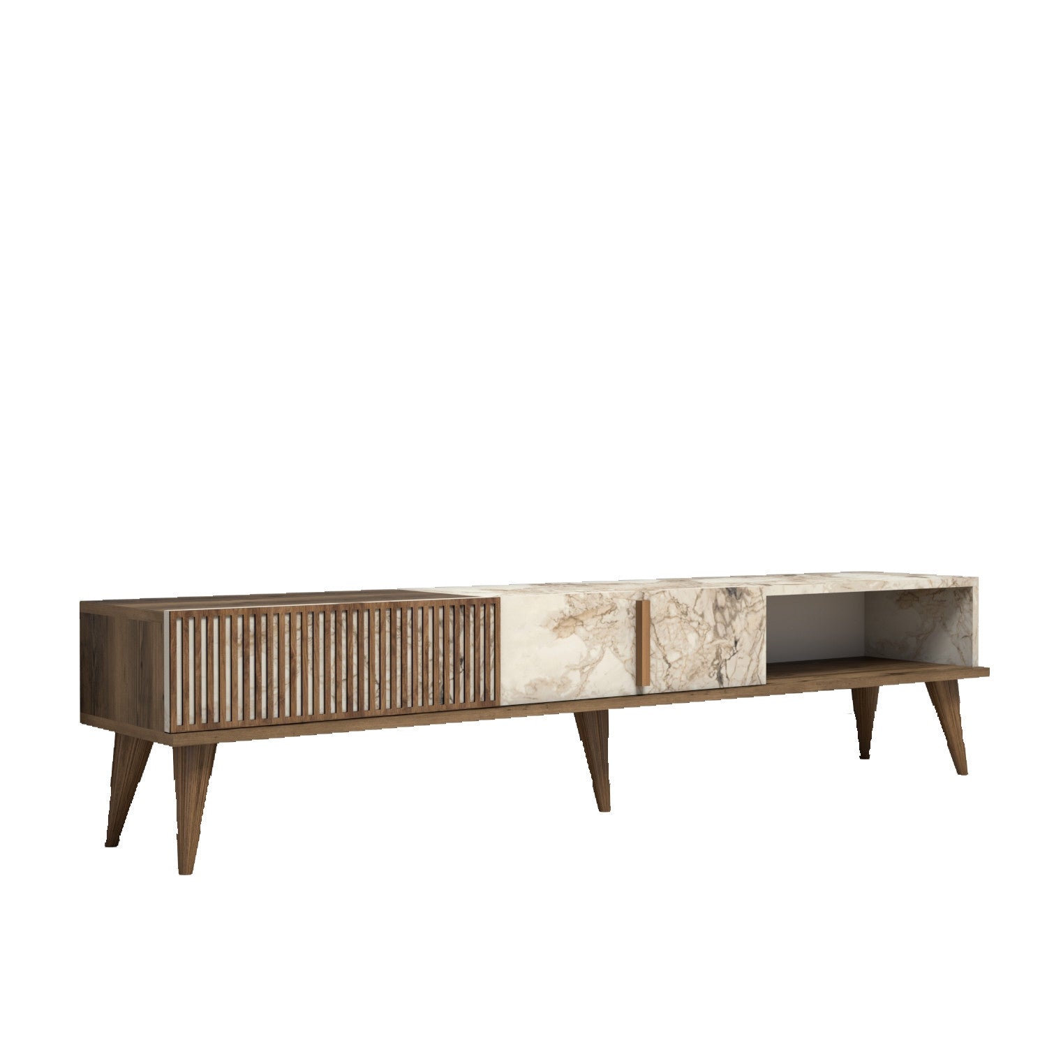 Suporte de TV moderno com opção de montagem na parede, nogueira e branco, 180 x 40 x 35 cm | 100% revestido em melamina, 18 mm de espessura, pés de plástico, capacidade de 30 kg