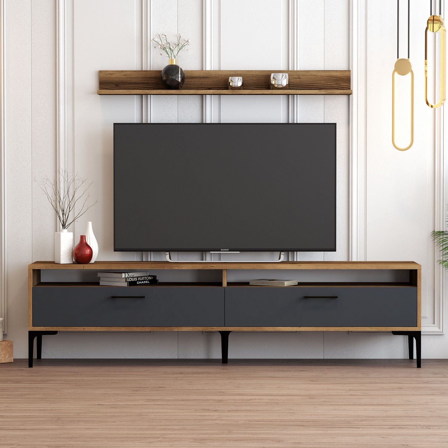 Móvel de TV moderno com prateleira de parede, nogueira e antracite, 180 cm | 100% revestido em melamina, 18 mm de espessura | Pernas de metal elegantes e amplo espaço de armazenamento para espaços industriais