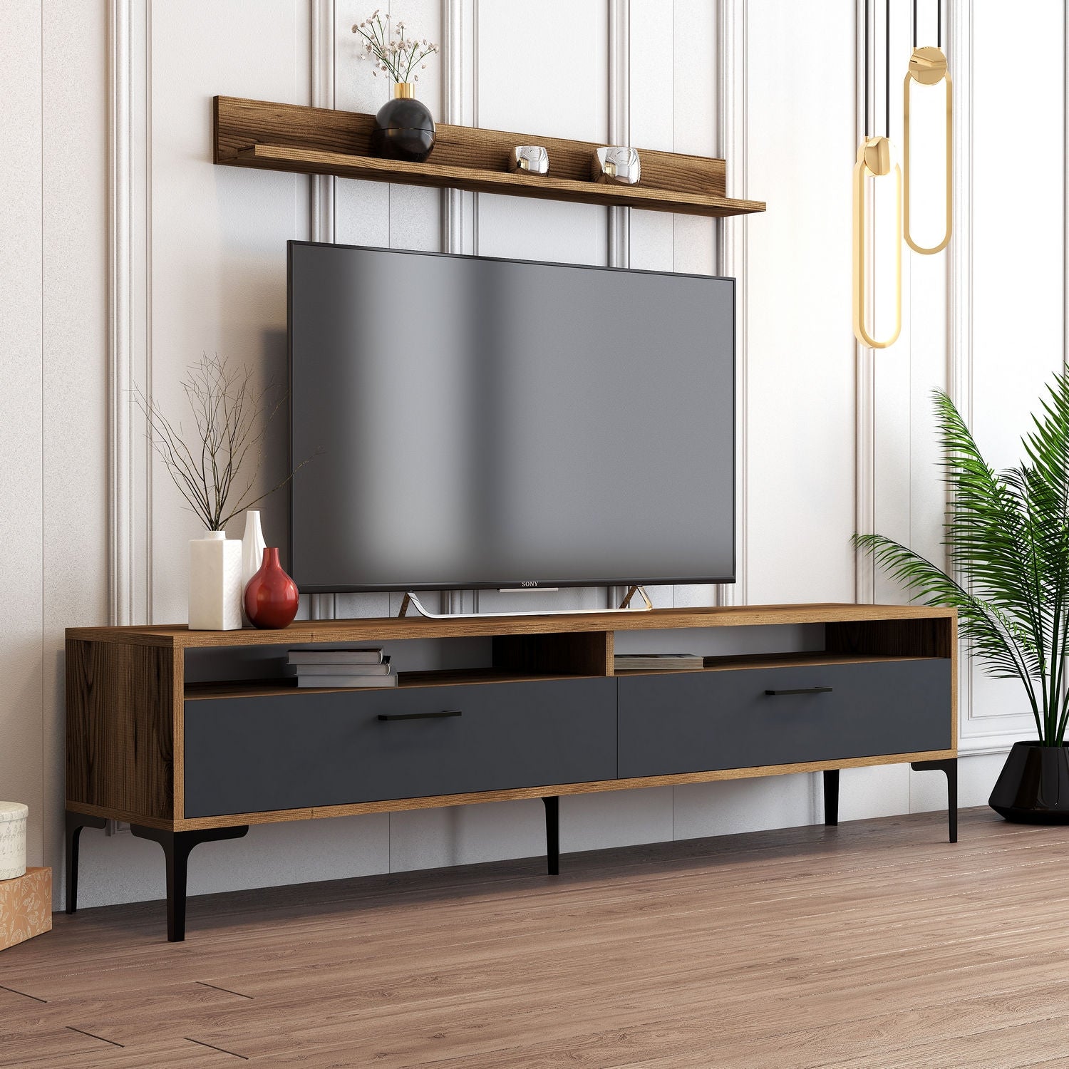 Móvel de TV moderno com prateleira de parede, nogueira e antracite, 180 cm | 100% revestido em melamina, 18 mm de espessura | Pernas de metal elegantes e amplo espaço de armazenamento para espaços industriais