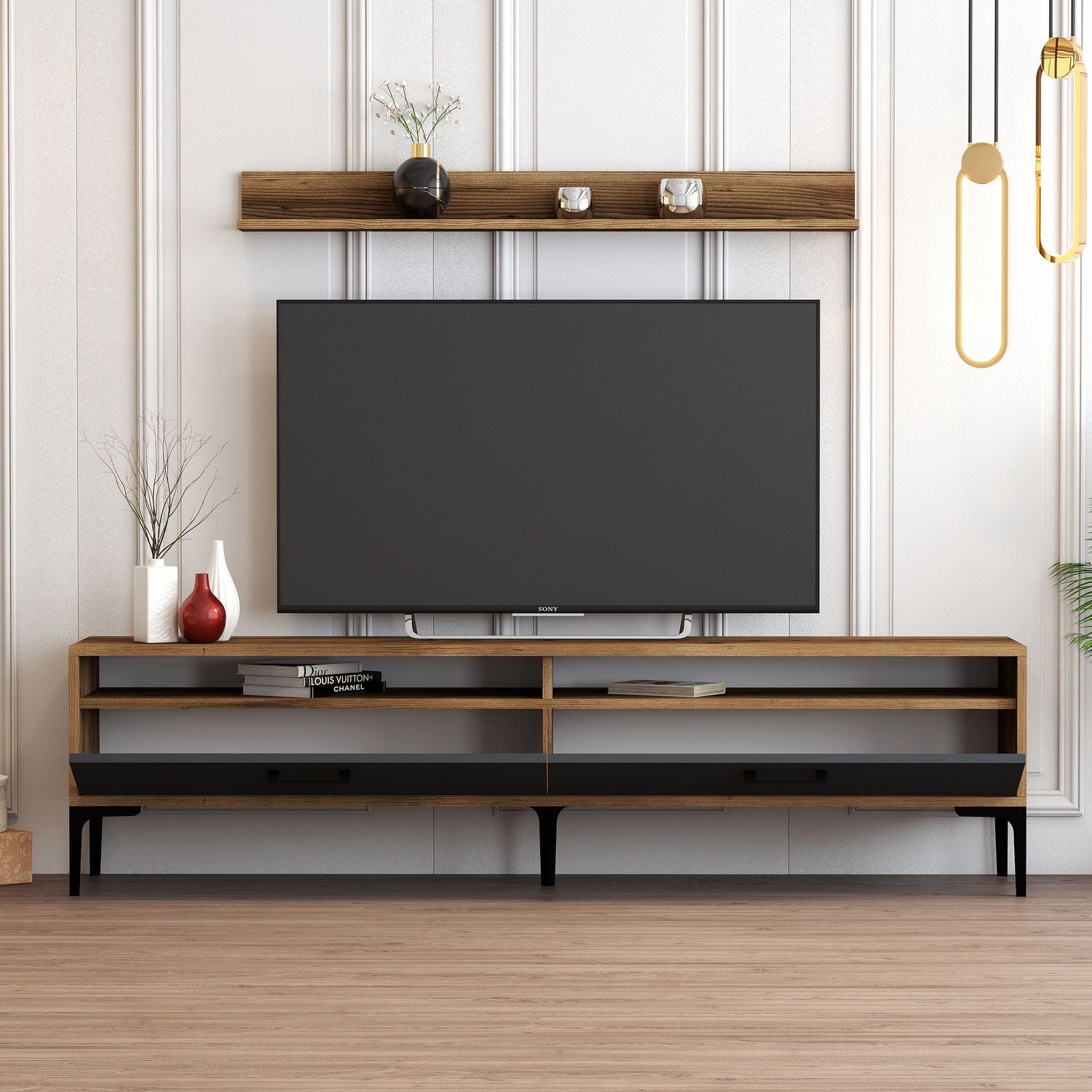 Móvel de TV moderno com prateleira de parede, nogueira e antracite, 180 cm | 100% revestido em melamina, 18 mm de espessura | Pernas de metal elegantes e amplo espaço de armazenamento para espaços industriais