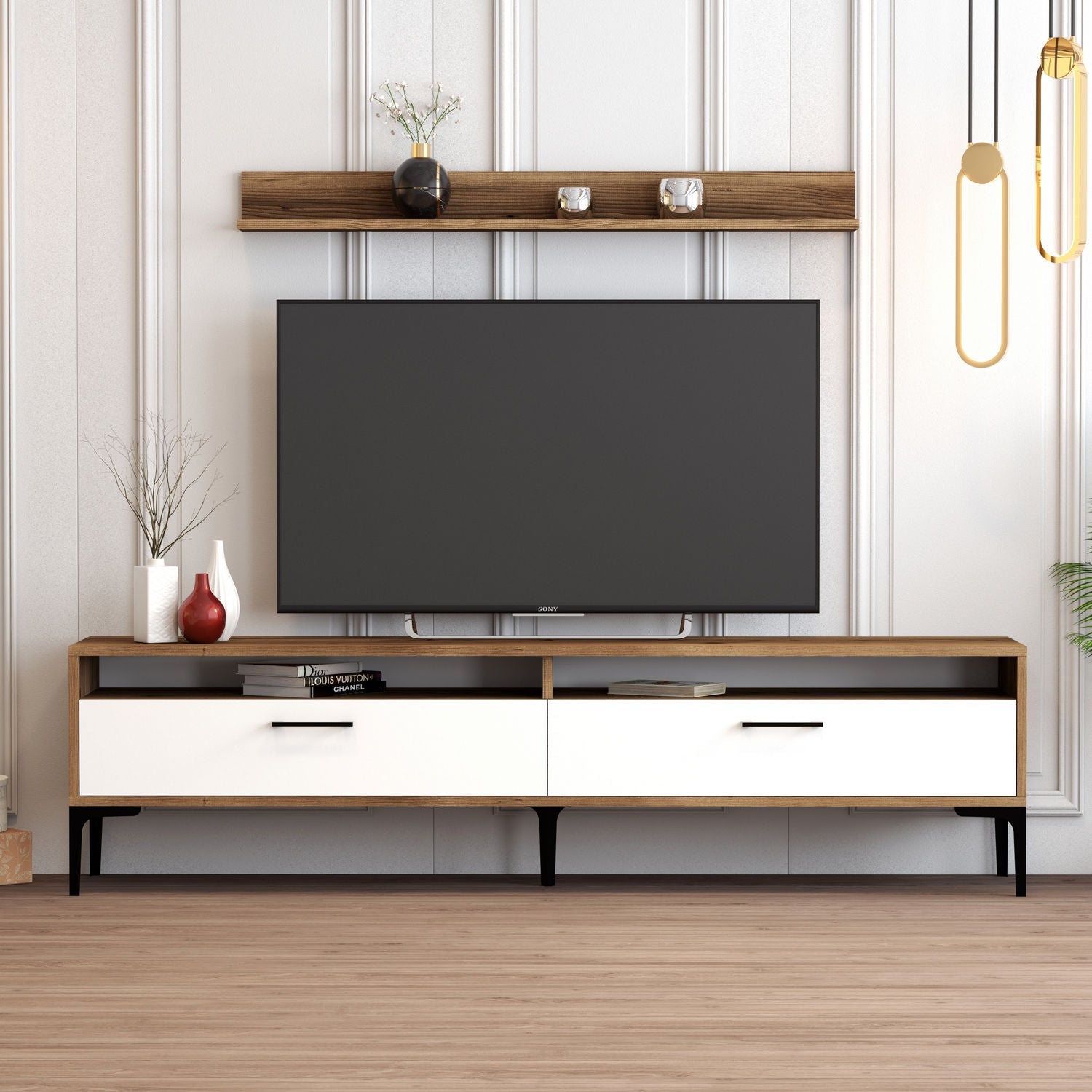 Móvel de TV moderno com prateleira de parede, nogueira e branco, 180 cm | 100% revestido em melamina, 18 mm de espessura | Pés de metal, puxador de plástico, design elegante e funcional