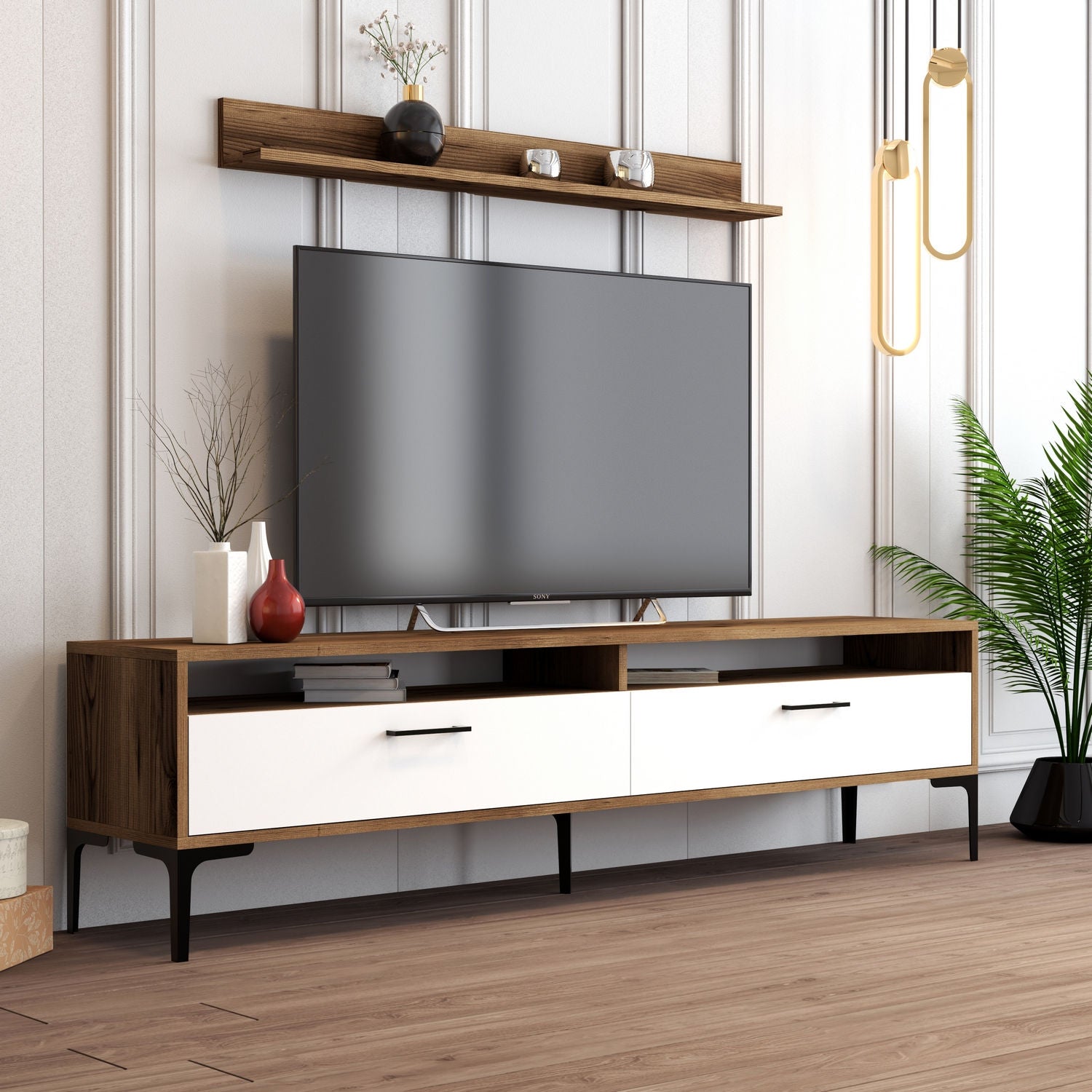 Móvel de TV moderno com prateleira de parede, nogueira e branco, 180 cm | 100% revestido em melamina, 18 mm de espessura | Pés de metal, puxador de plástico, design elegante e funcional