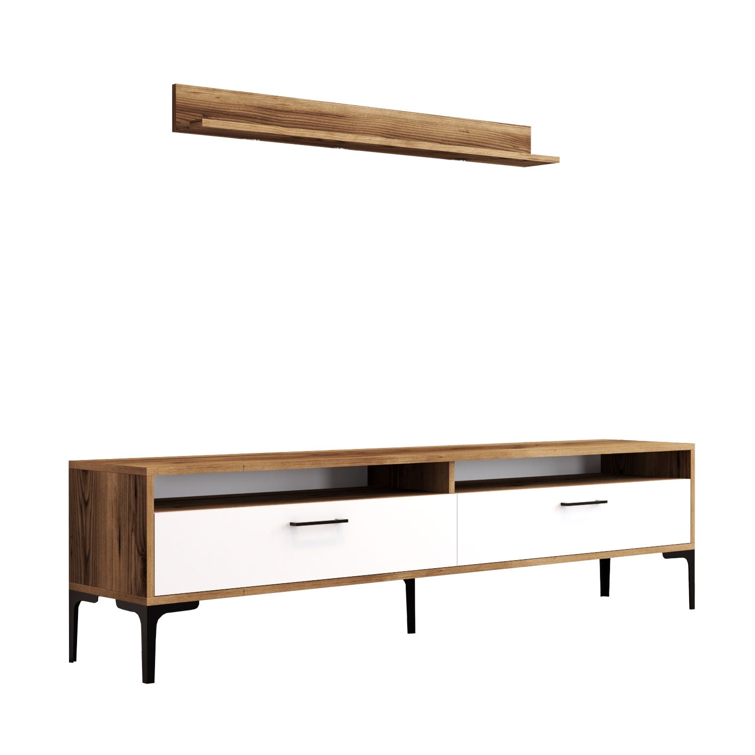 Móvel de TV moderno com prateleira de parede, nogueira e branco, 180 cm | 100% revestido em melamina, 18 mm de espessura | Pés de metal, puxador de plástico, design elegante e funcional