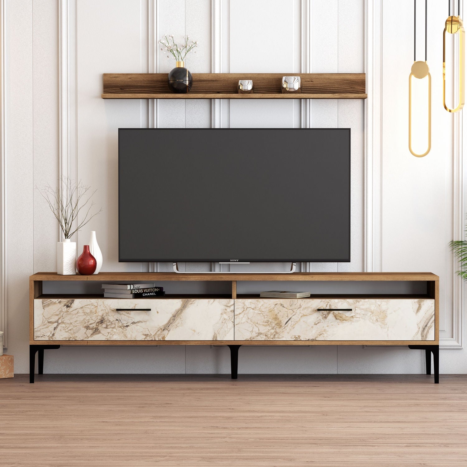 Móvel de TV moderno com prateleira de parede, nogueira e branco, 180 x 47 x 35 cm | 100% revestido em melamina, 18 mm de espessura, pés de metal, design elegante e funcional