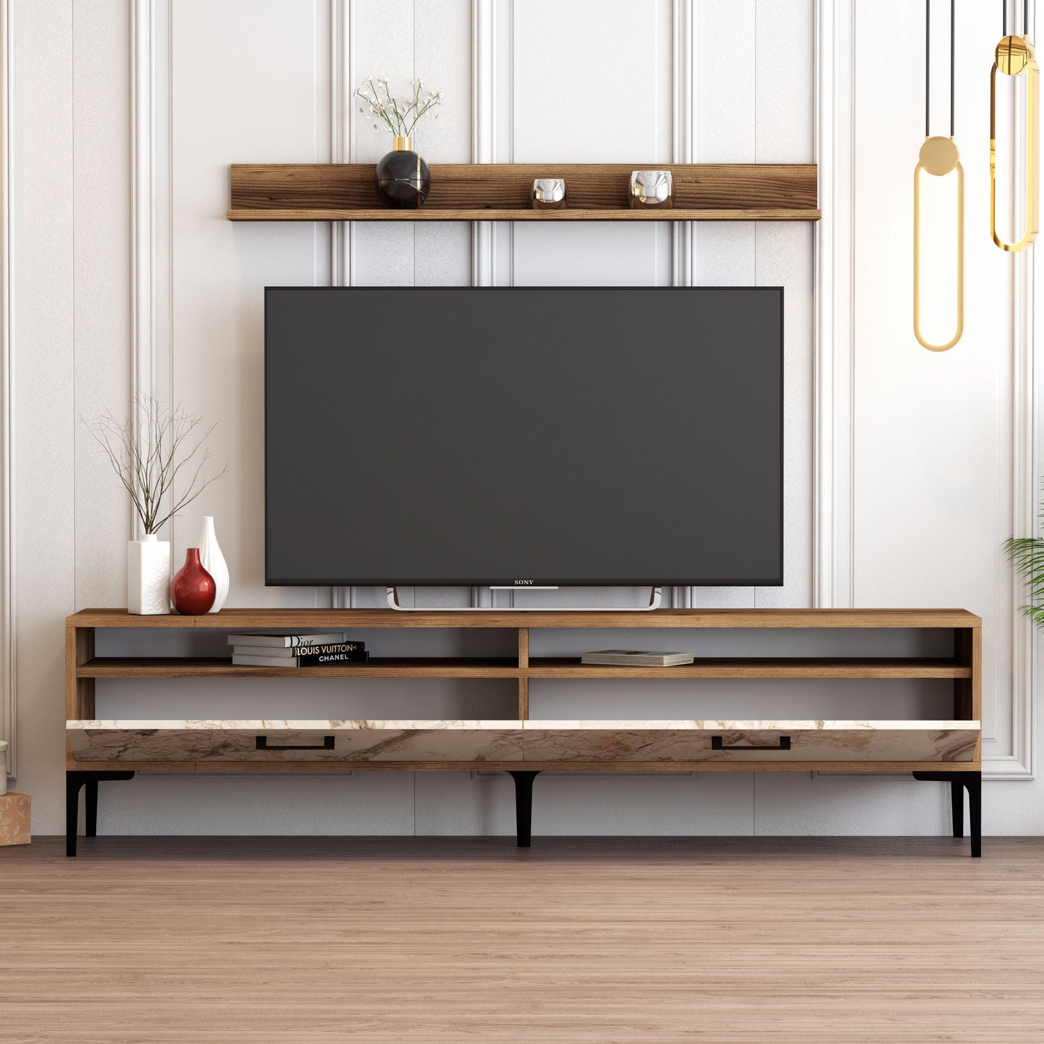Móvel de TV moderno com prateleira de parede, nogueira e branco, 180 x 47 x 35 cm | 100% revestido em melamina, 18 mm de espessura, pés de metal, design elegante e funcional